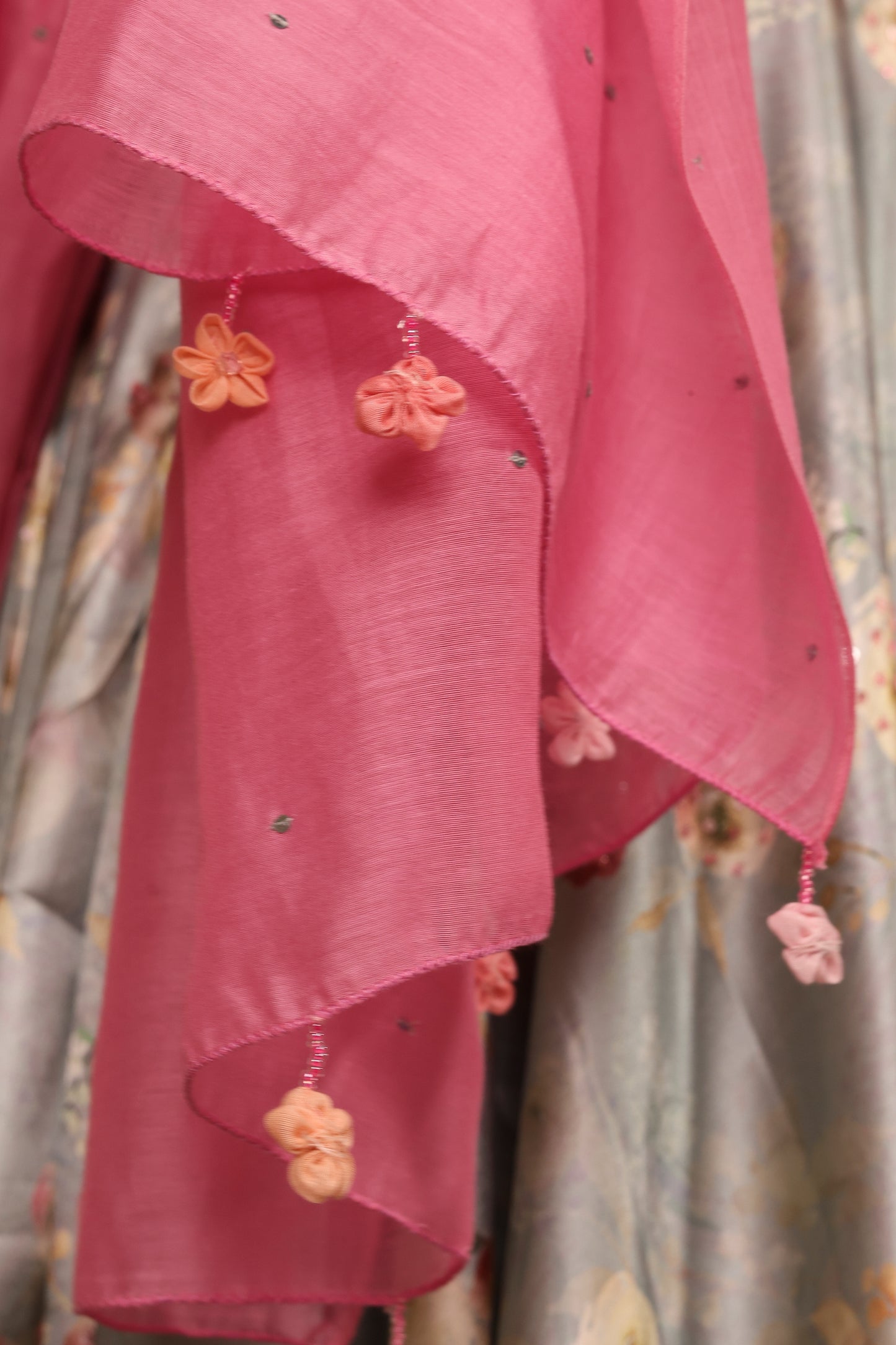 Grey Floral Modal Satin Skirt with Sequins Handwork and Chanderi Dupatta