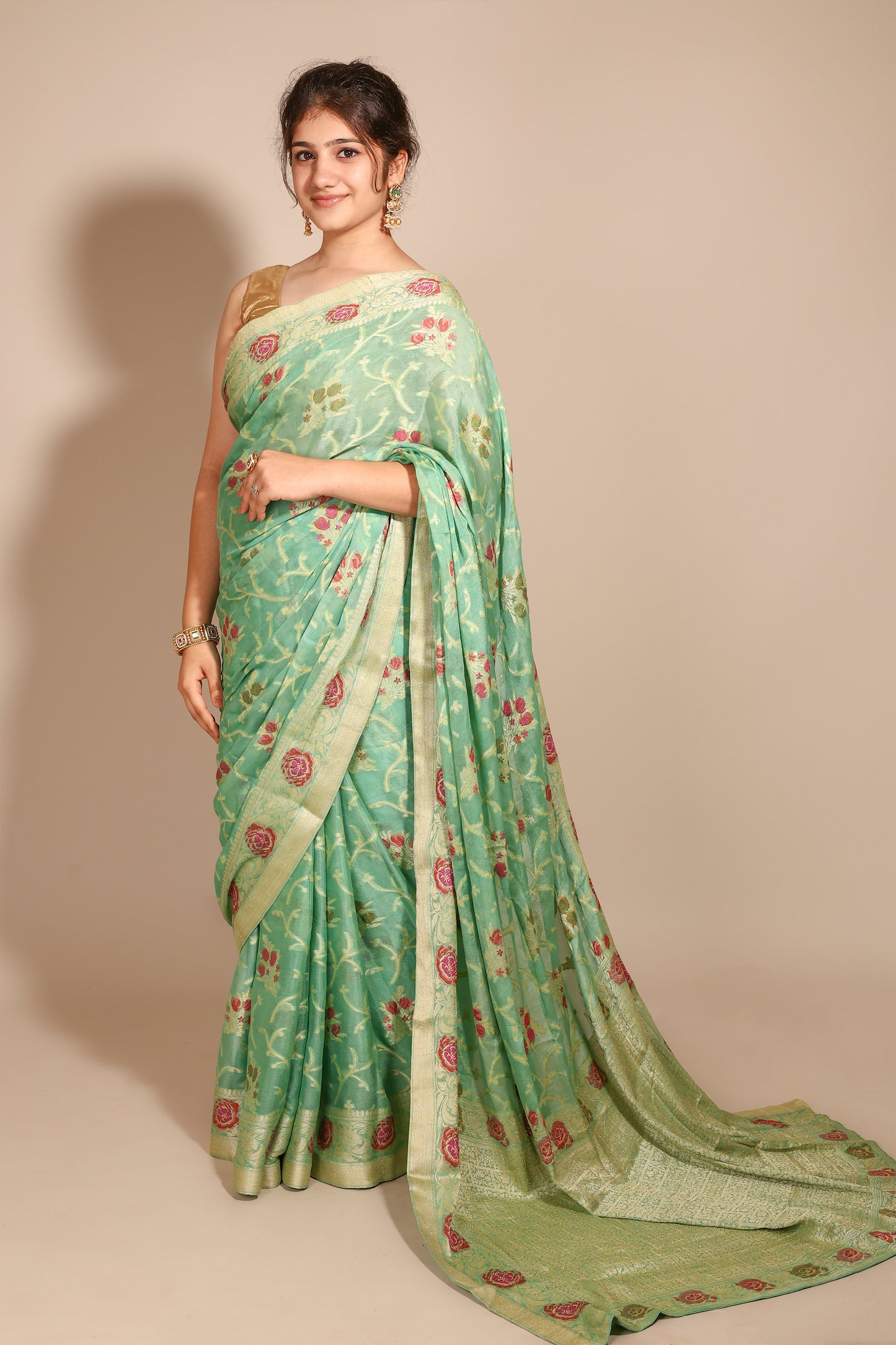 Light Green Pure Khaddi Georgette Banarasi Saree with Delicate Floral Work