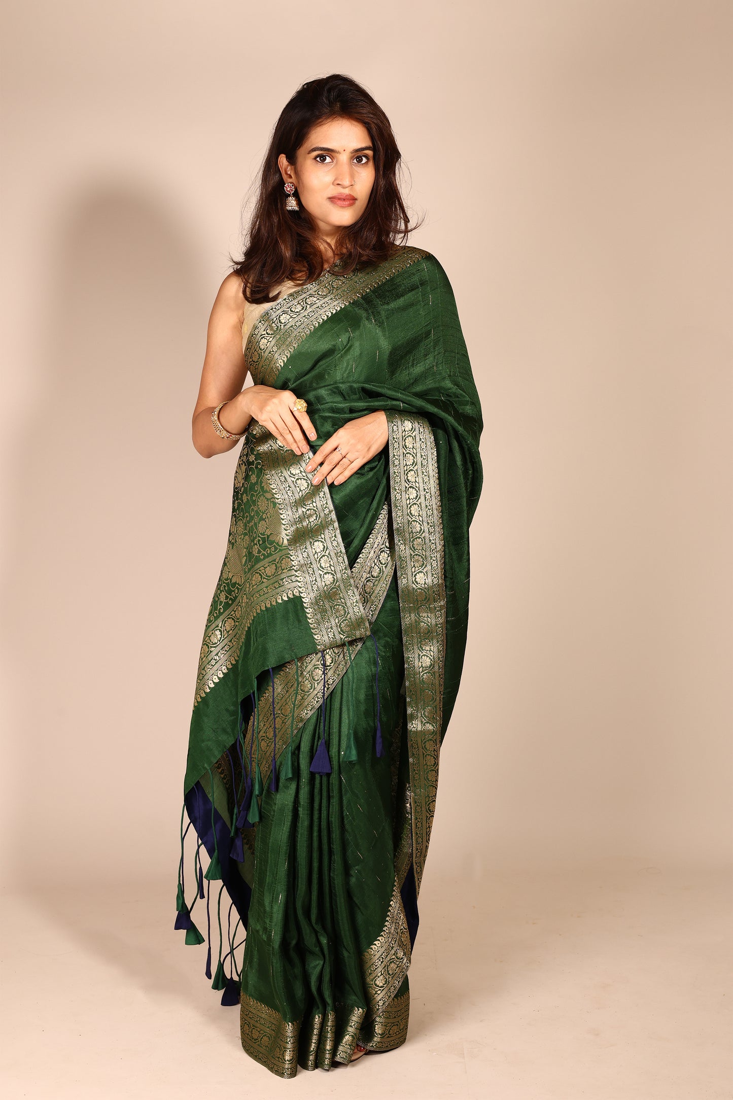 Green Art Silk Saree with Woven Zari Border and Sequins