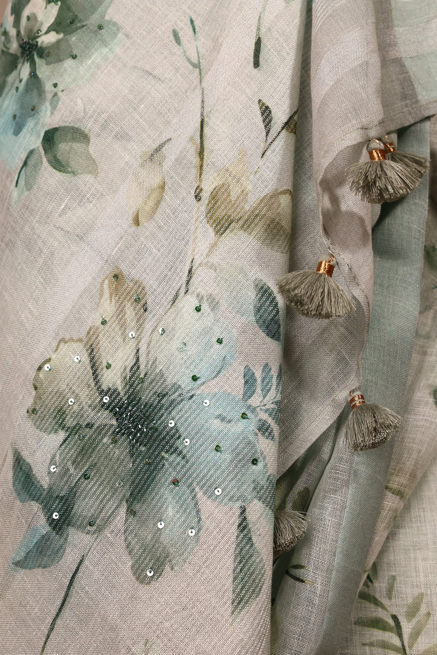Charming Light Green Pure Linen Saree with Handcrafted Flower Print and Beadwork