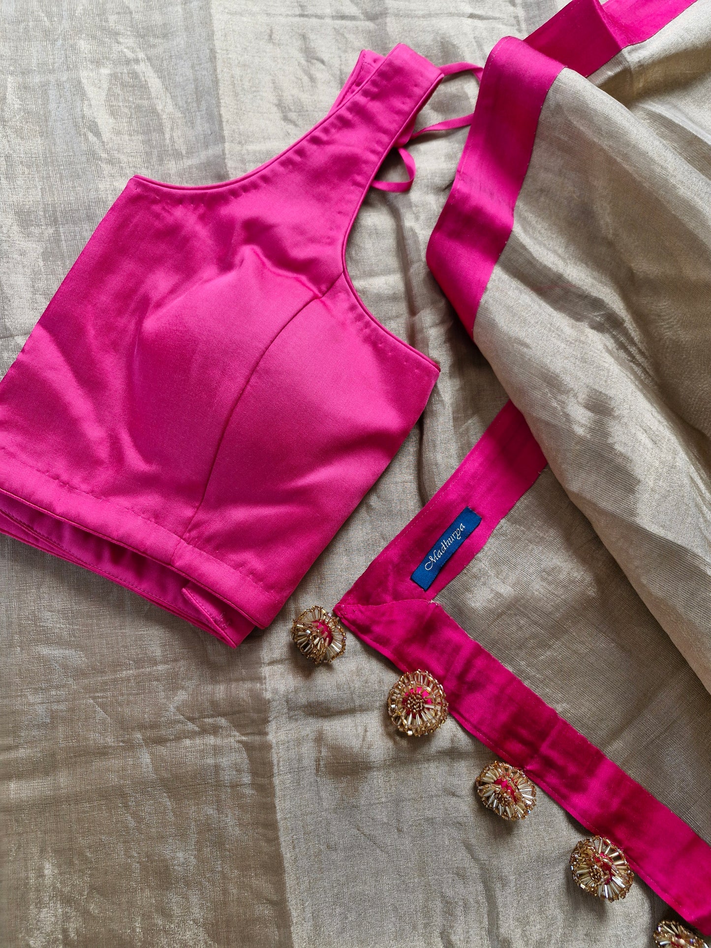 Gold Tissue Chanderi Saree with Fuchsia Satin Finishing