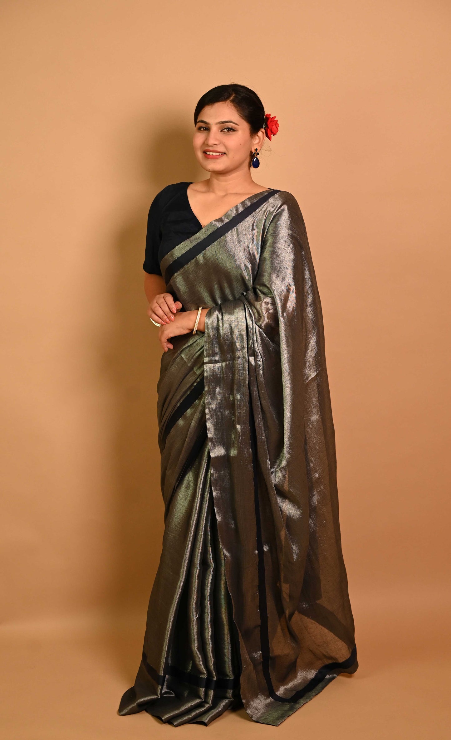 Grey Tissue Saree with Navy Satin Border