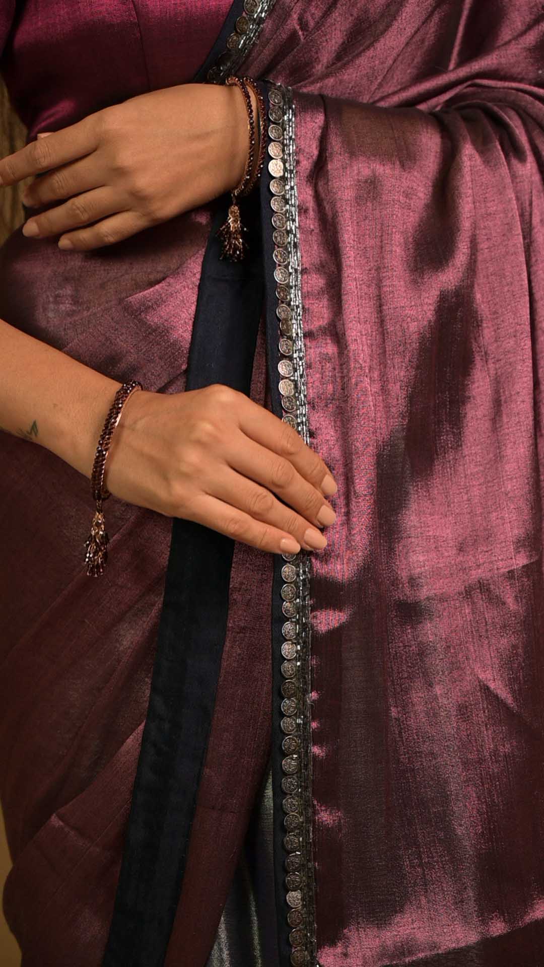 Dual Toned Tissue Blend Saree With Navy Satin Finishing