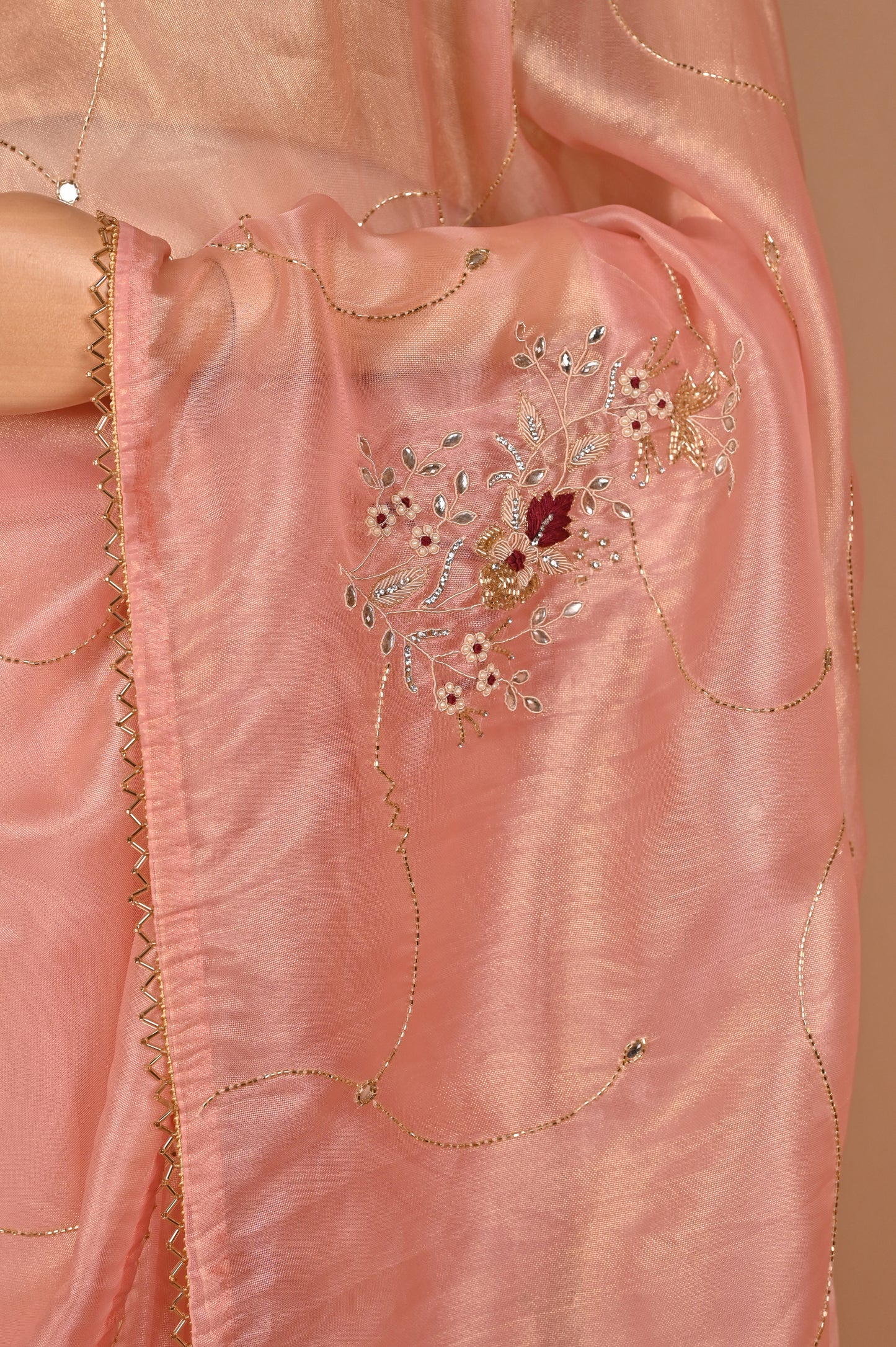 Peach Shimmer Saree with Zardozi Work and Gold Tassels