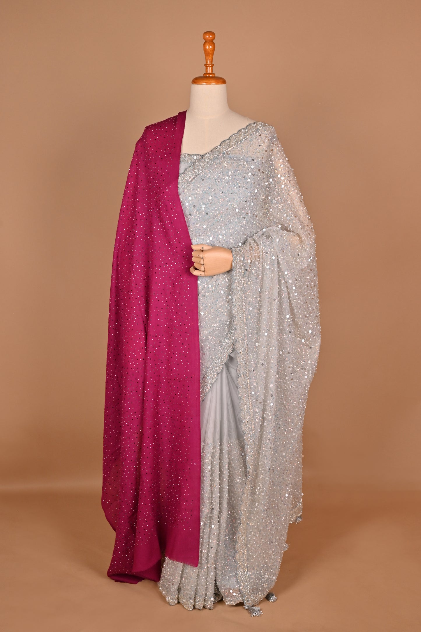 Enchanted Silver Shimmer Saree with Tassels embroidered in Sequins and Pearls