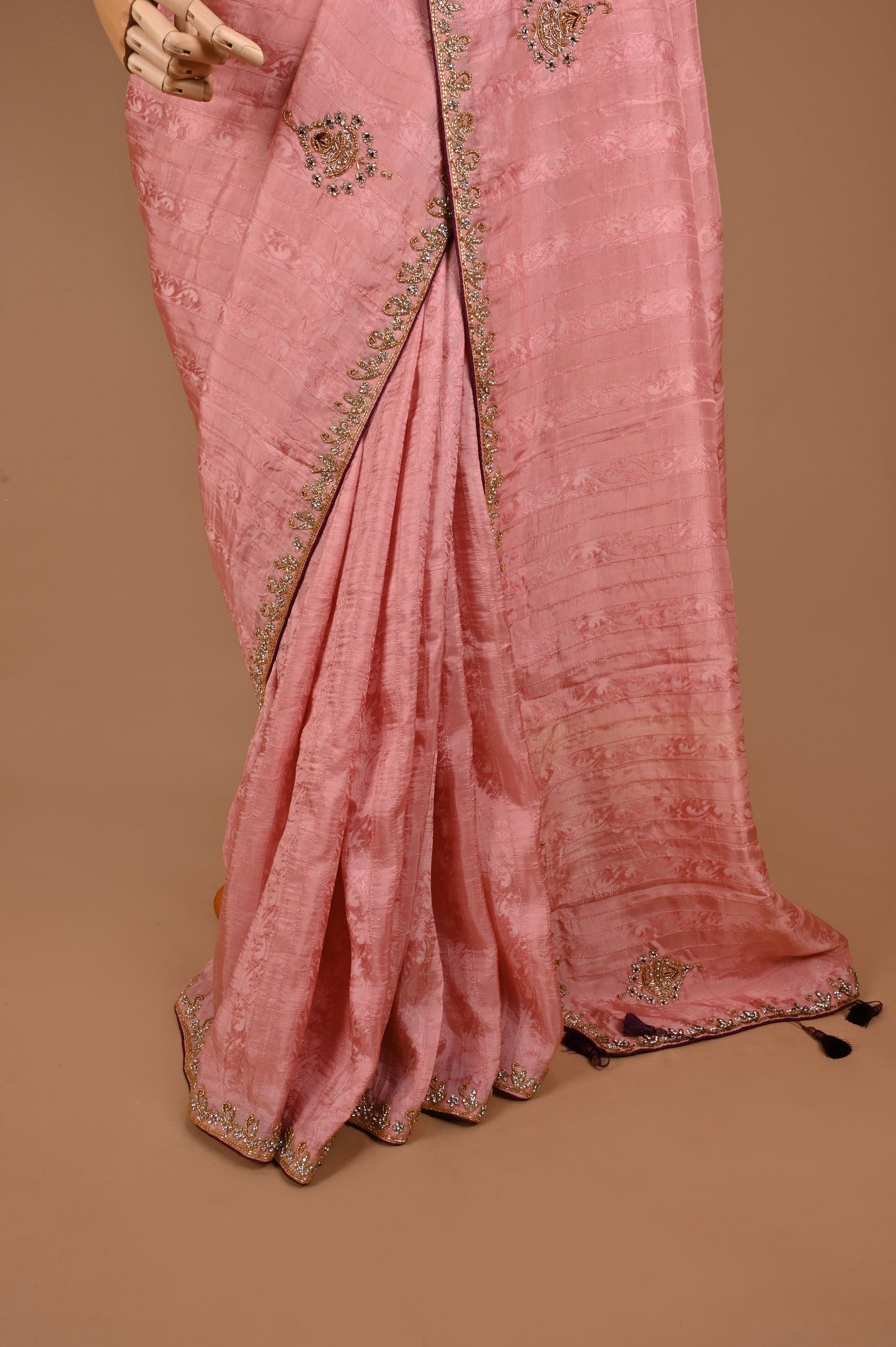 Peach Elegance Silk Blend Saree with Hand Embroidery and Stone Work