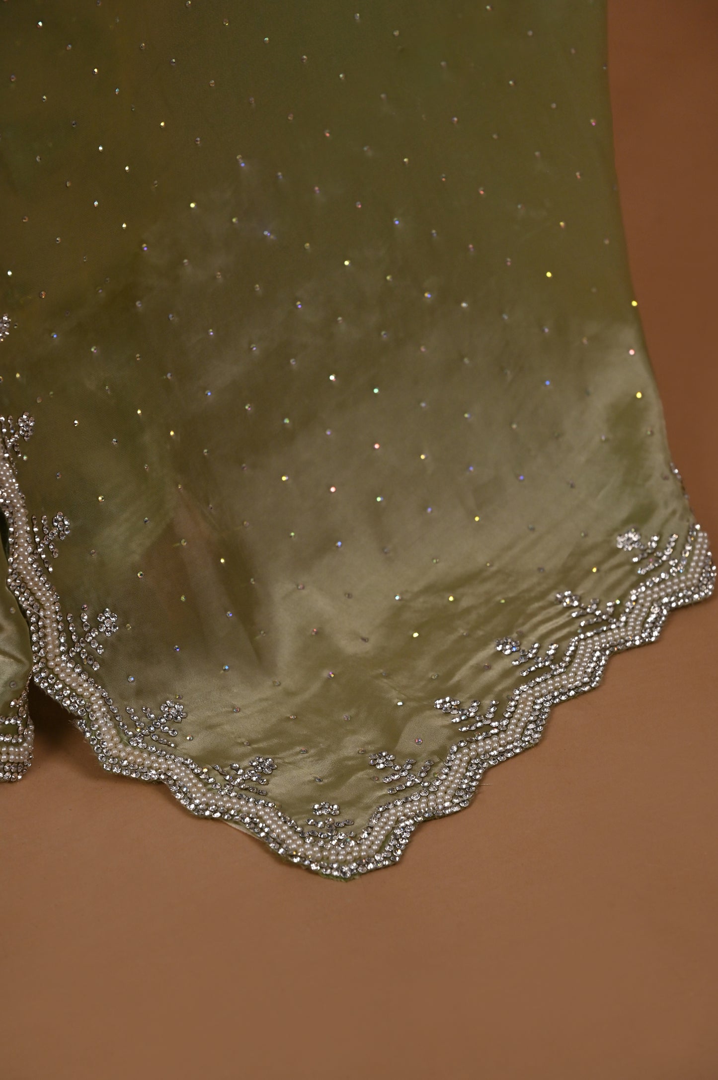 Sea Green Satin Saree with Swarovski Embellishments