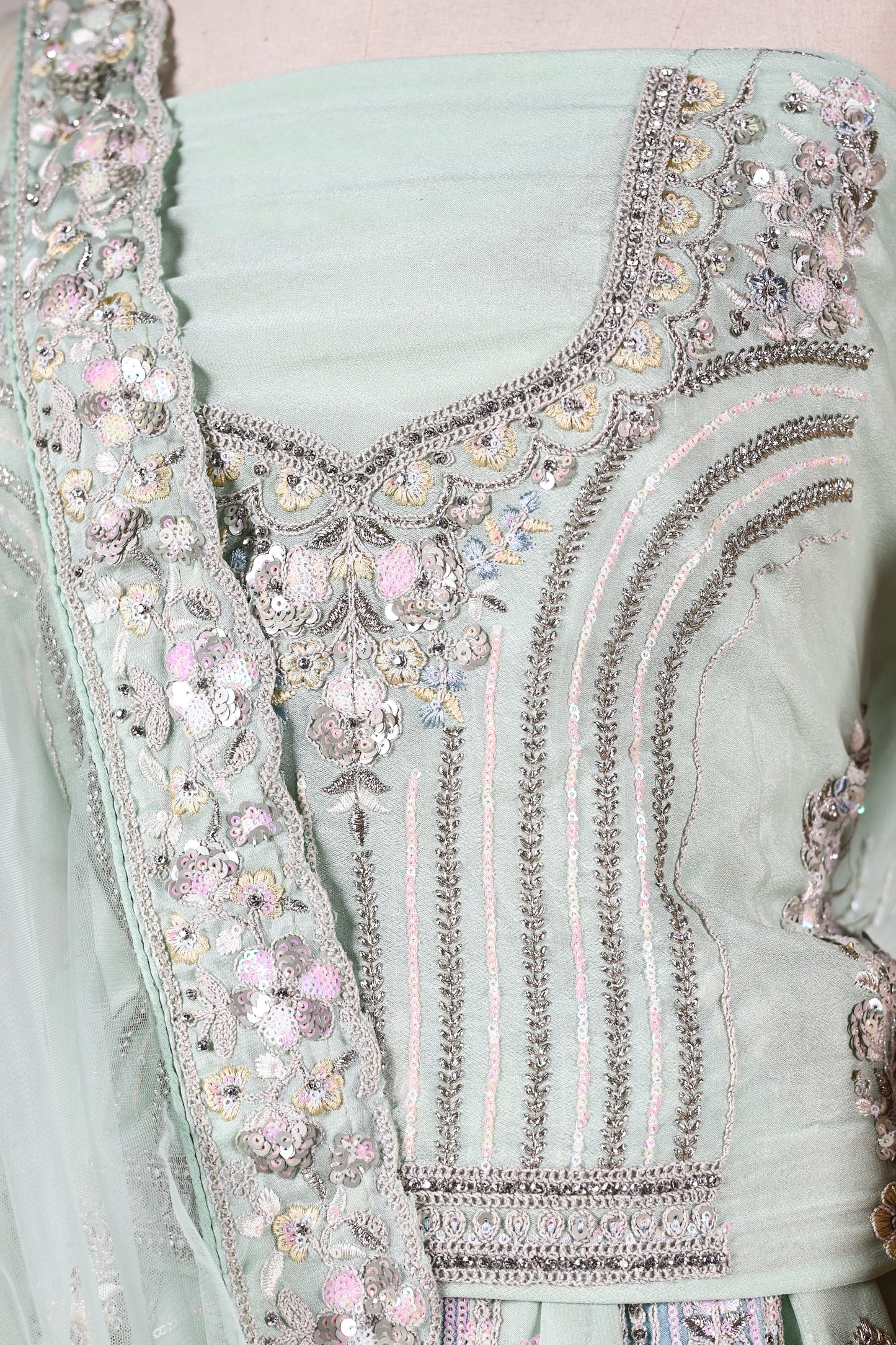 Sea Green Chinon Lehenga with Sequin & Butta Embroidery and Lace‑Bordered Dupatta