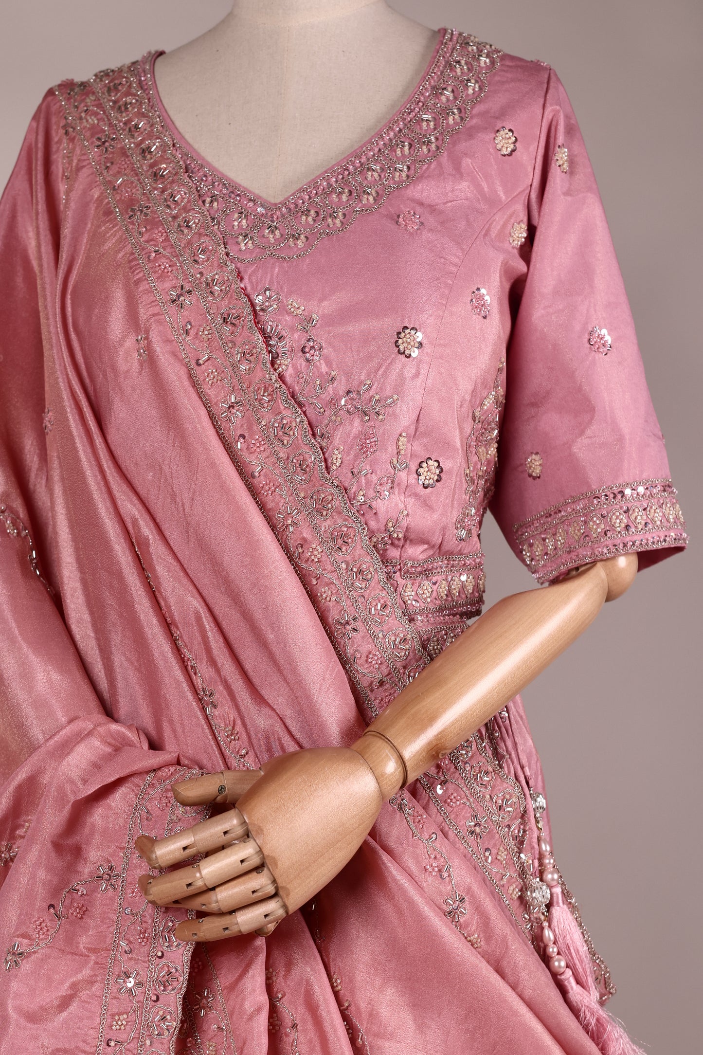 Pink Chinon Lehenga with Embroidery, Tassels & Matching Dupatta