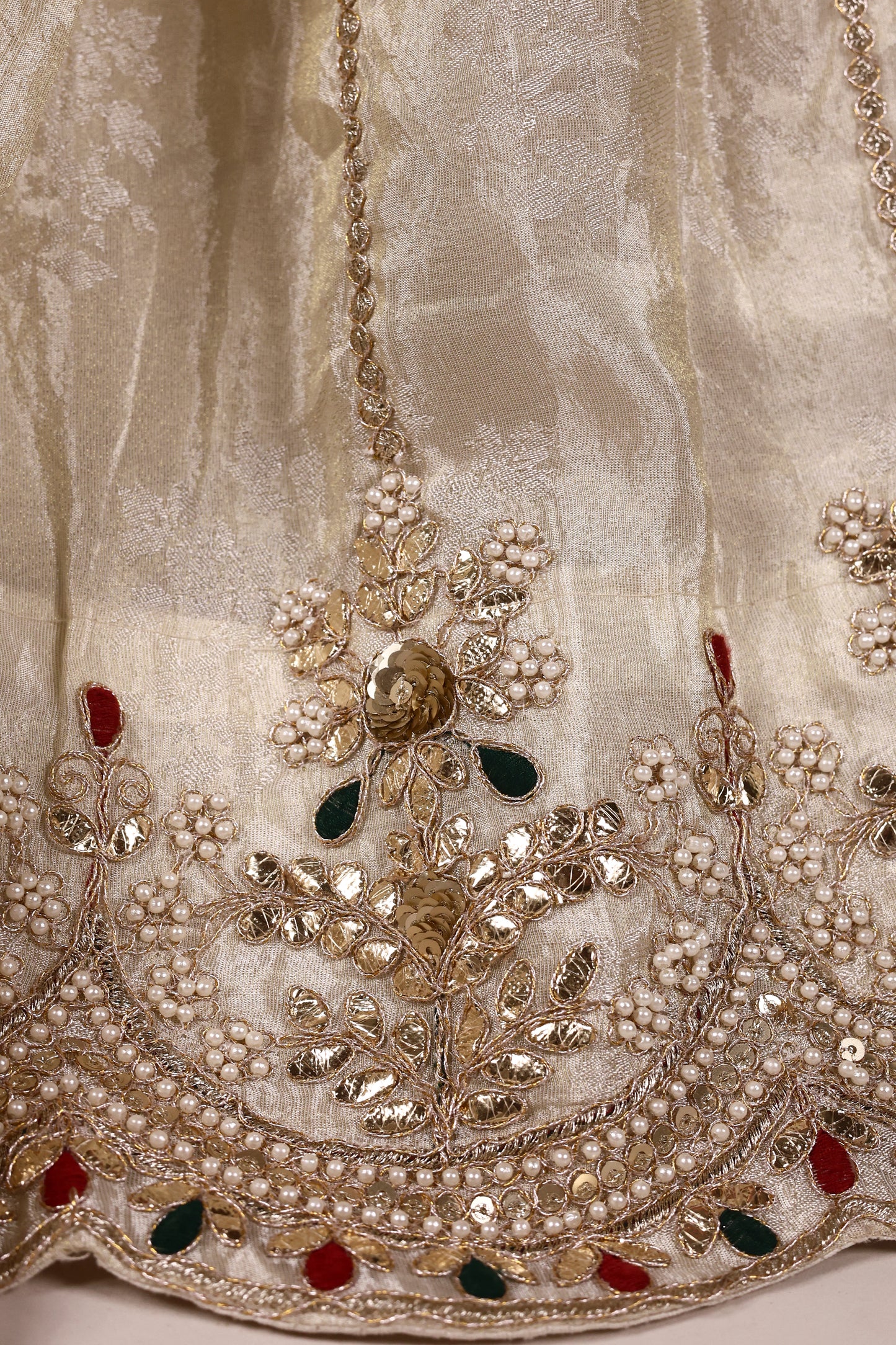 Ivory Art Silk Zari Tissue Lehenga with Bead & Gota Embroidery and Contrast Red Blouse & Dupatta