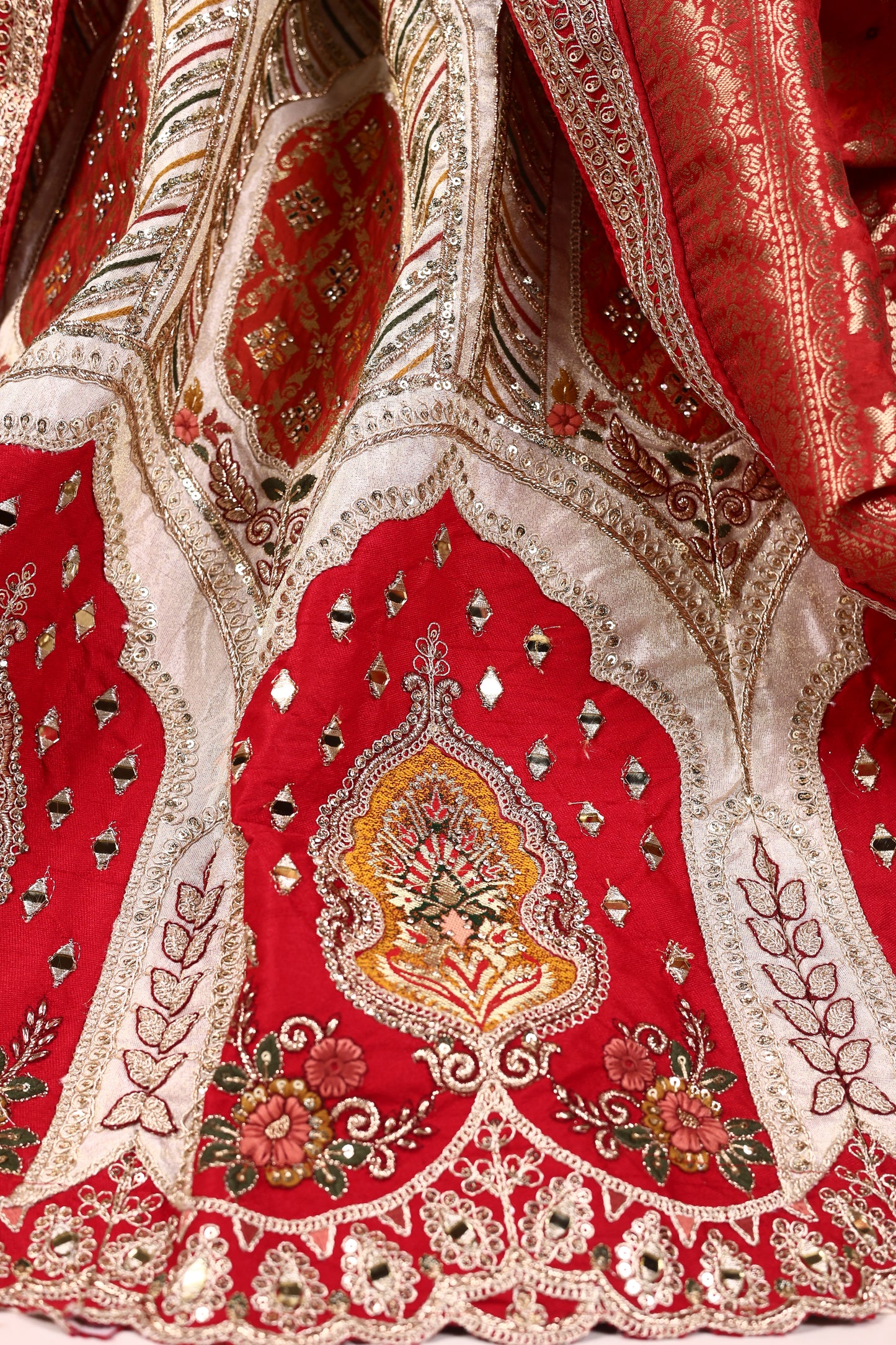 Ivory Art Silk Zari Tissue Lehenga with Bead & Gota Work, Contrast Red Blouse & Dupatta