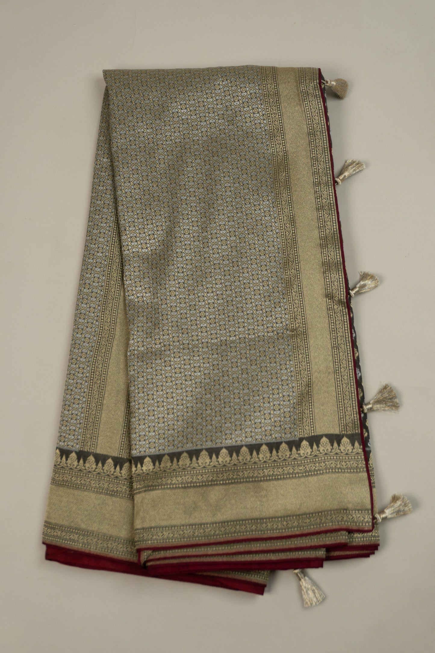 Grey and Blush Pink Dhoop Chaav Banarasi Silk Saree with Silk Facing and Long Pearl and Katdana Tassels