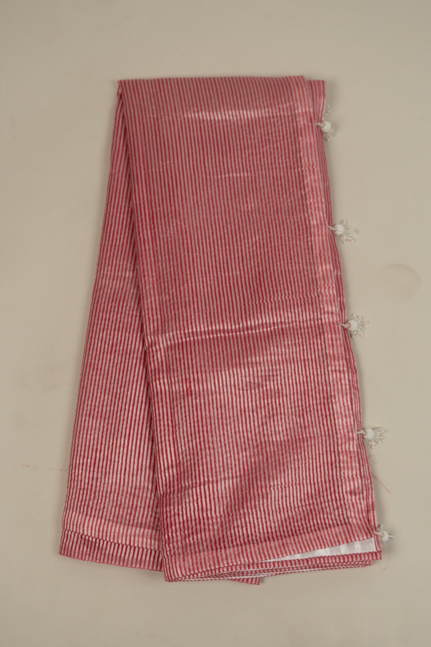 Pink and White Art Silk Saree with Satin Facing and White Katdana Tassels