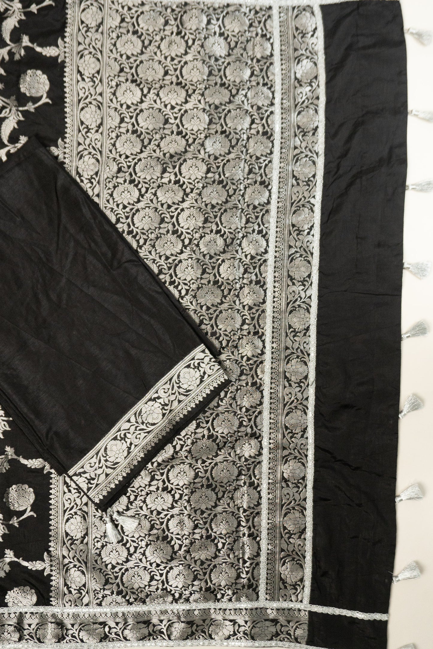 Black Semi-Stitched Art Silk Saree with Lace, Petticoat Lining, Tassels in Pallu, and Silver Zari Lace