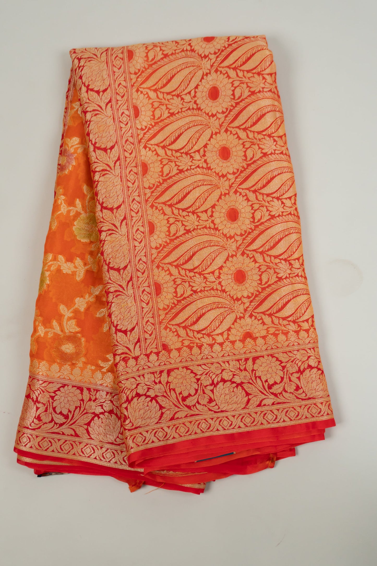 Vibrant Orange and Red Banarasi Silk Saree