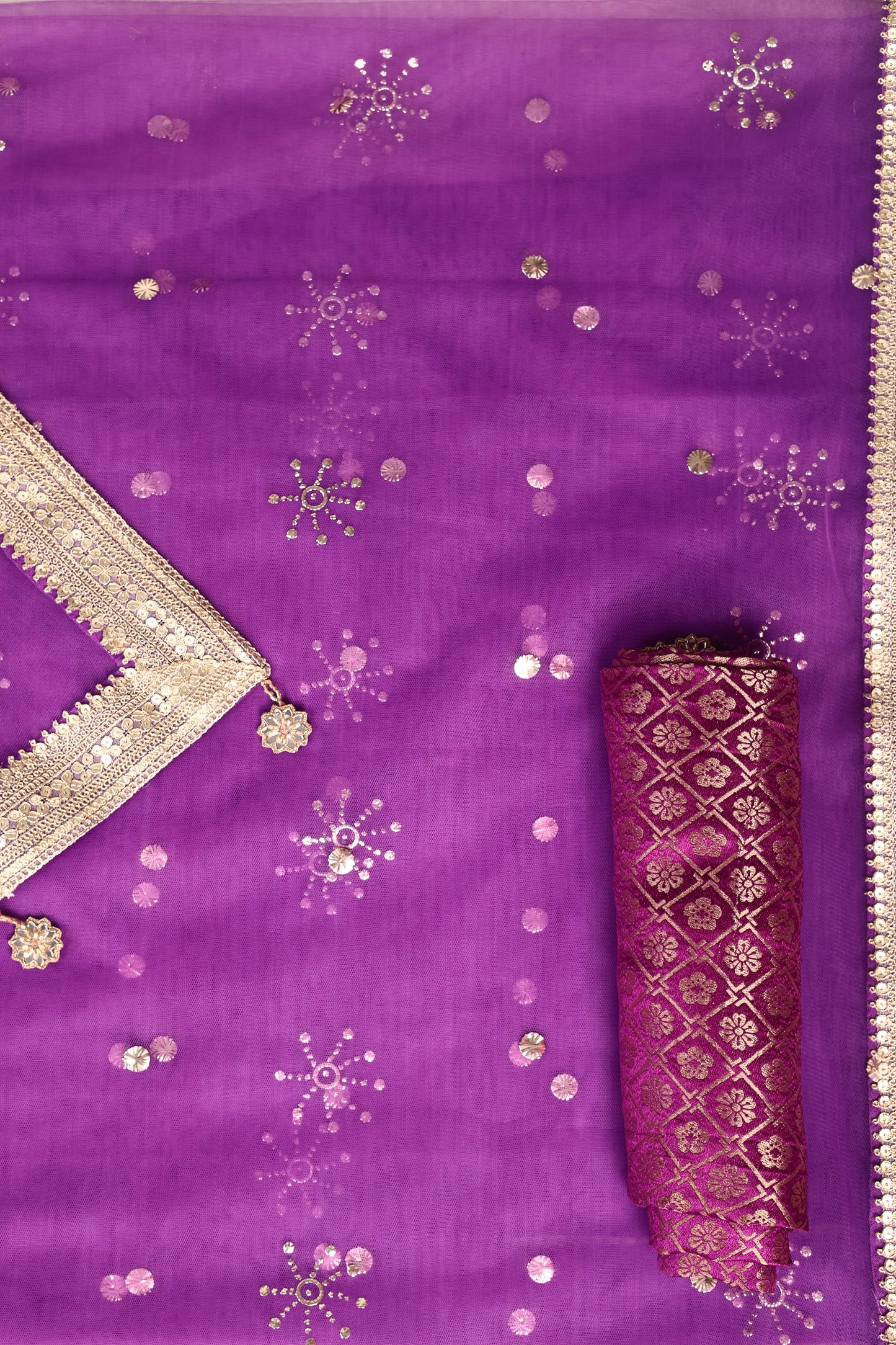 Purple Soft Net Saree with Mukesh Work, Pani Gold Lace & Katdana Star Tassels