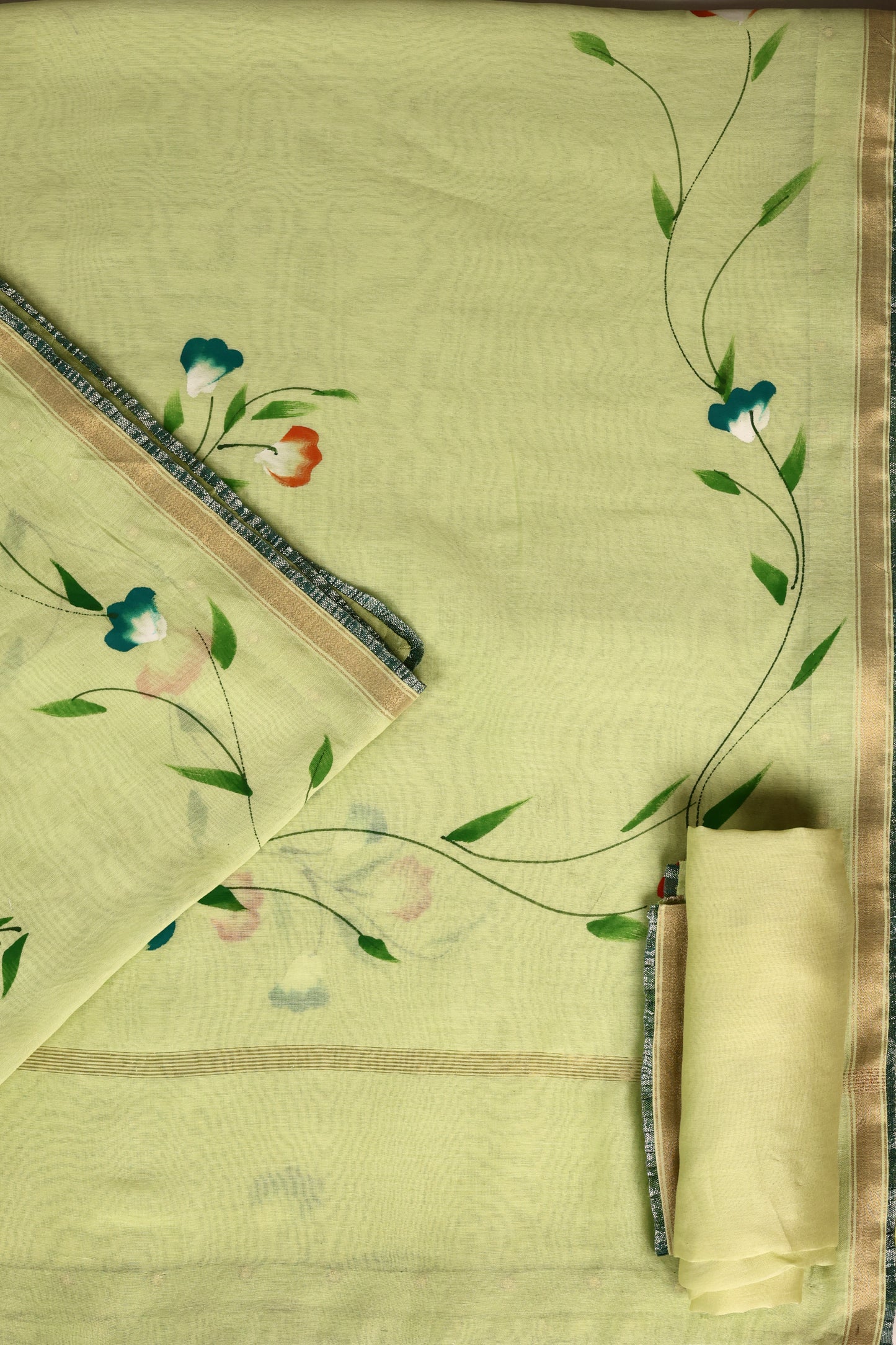 Lime Green Hand‑Painted Cotton Saree with Lurex Lace Borders & Brocade Accents