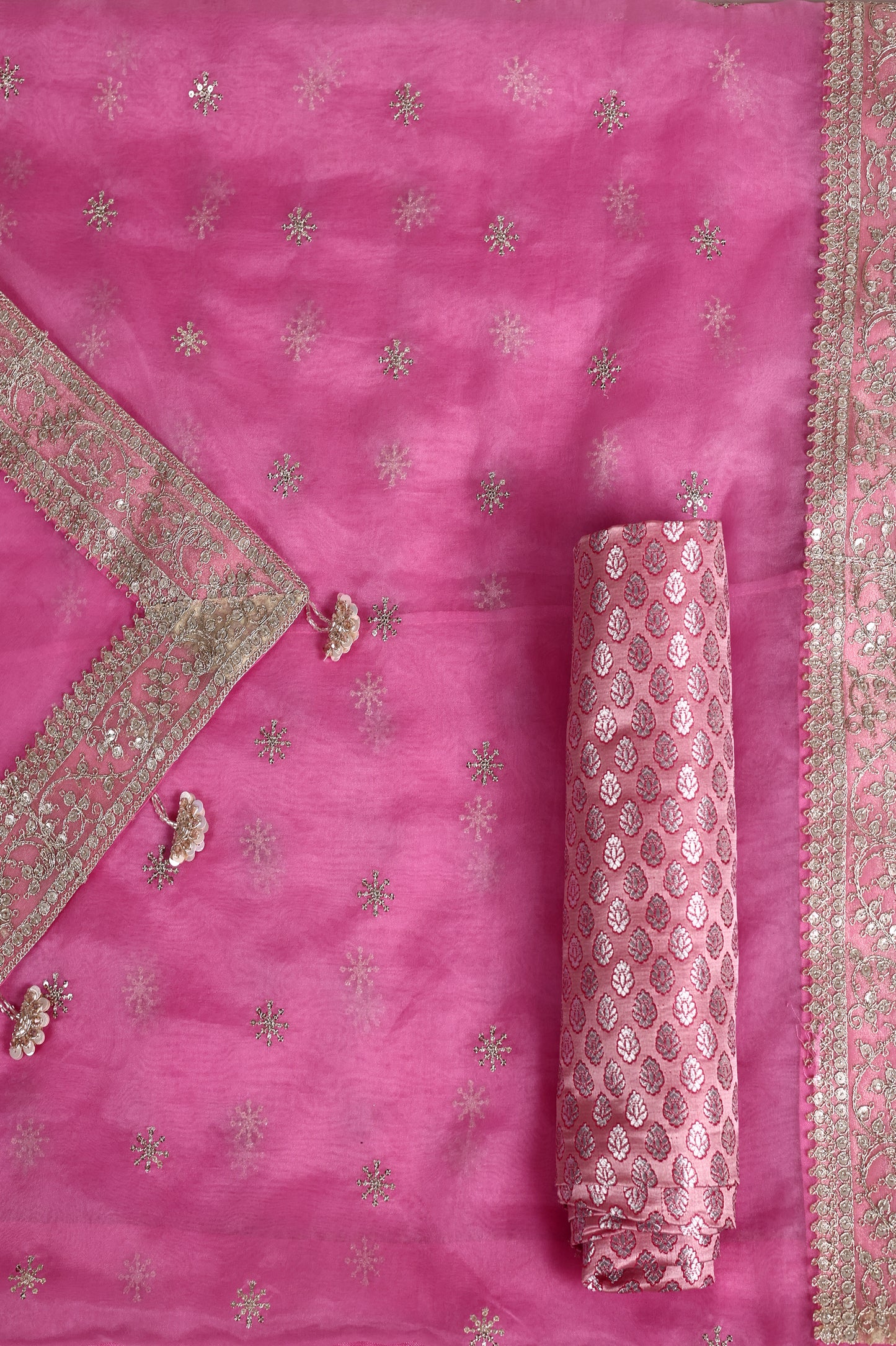 Rani Pink Organza Saree with Mukesh Work, Lace Borders & Tassel Detailing