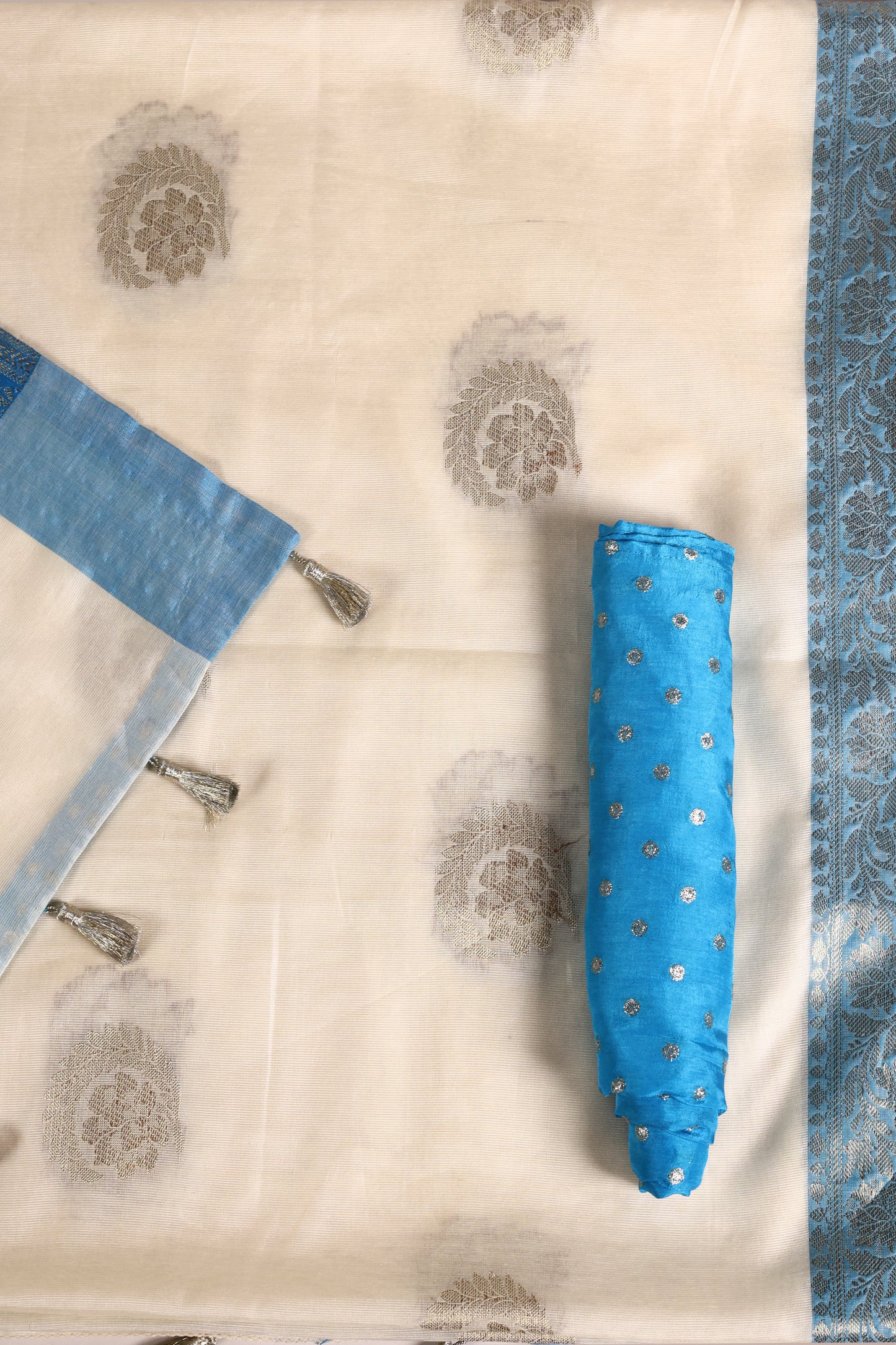 Off‑White & Sky Blue Banarasi Art Silk Saree with Intricate Weave, Brocade Facing & Zari Tassels