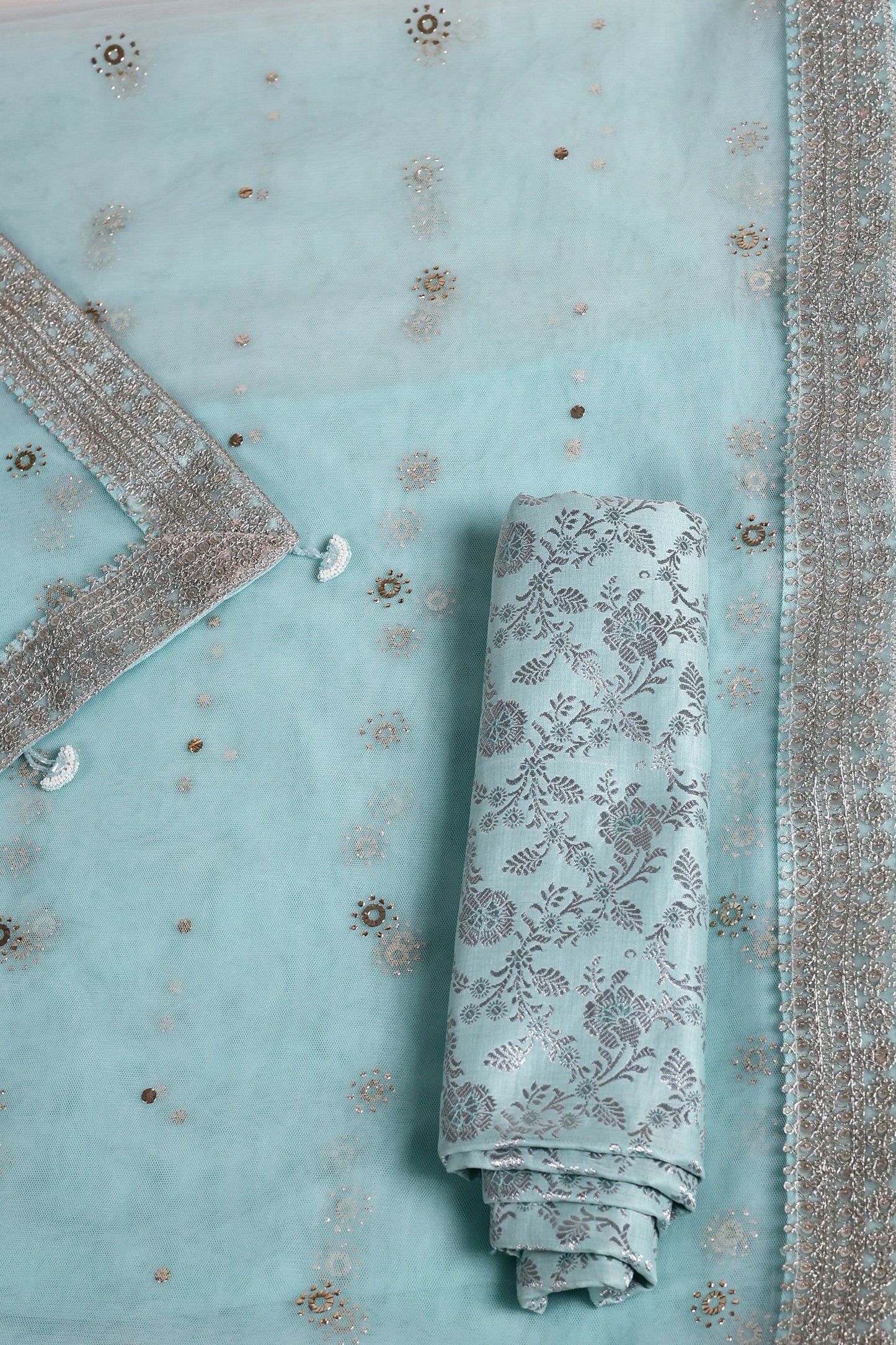 Sea Green Soft Net Saree with Mukesh Embellishment, Silver Lace & Bead Tassels