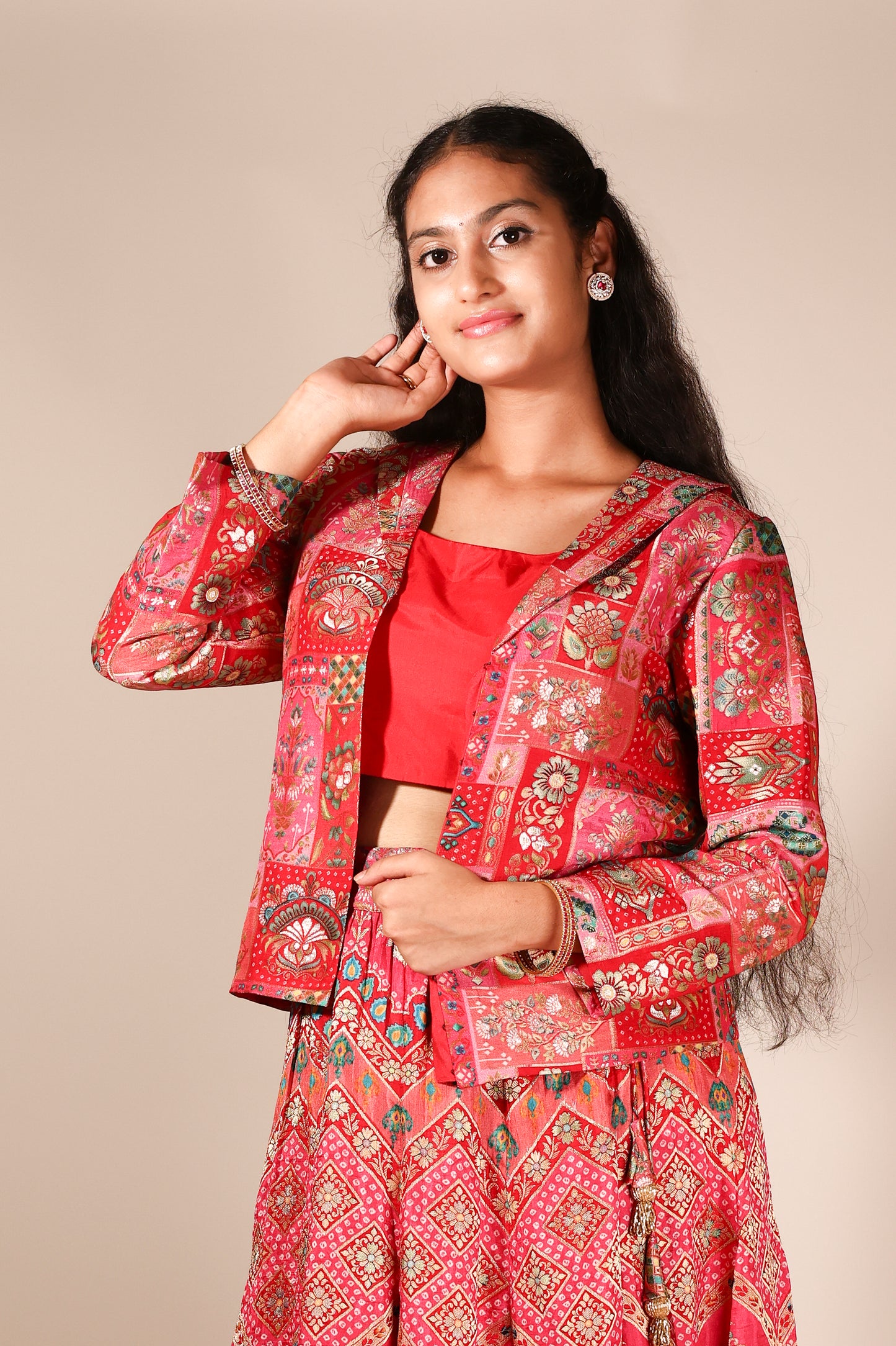 Red Banarasi Silk Lehenga with Plain Blouse and Jacket