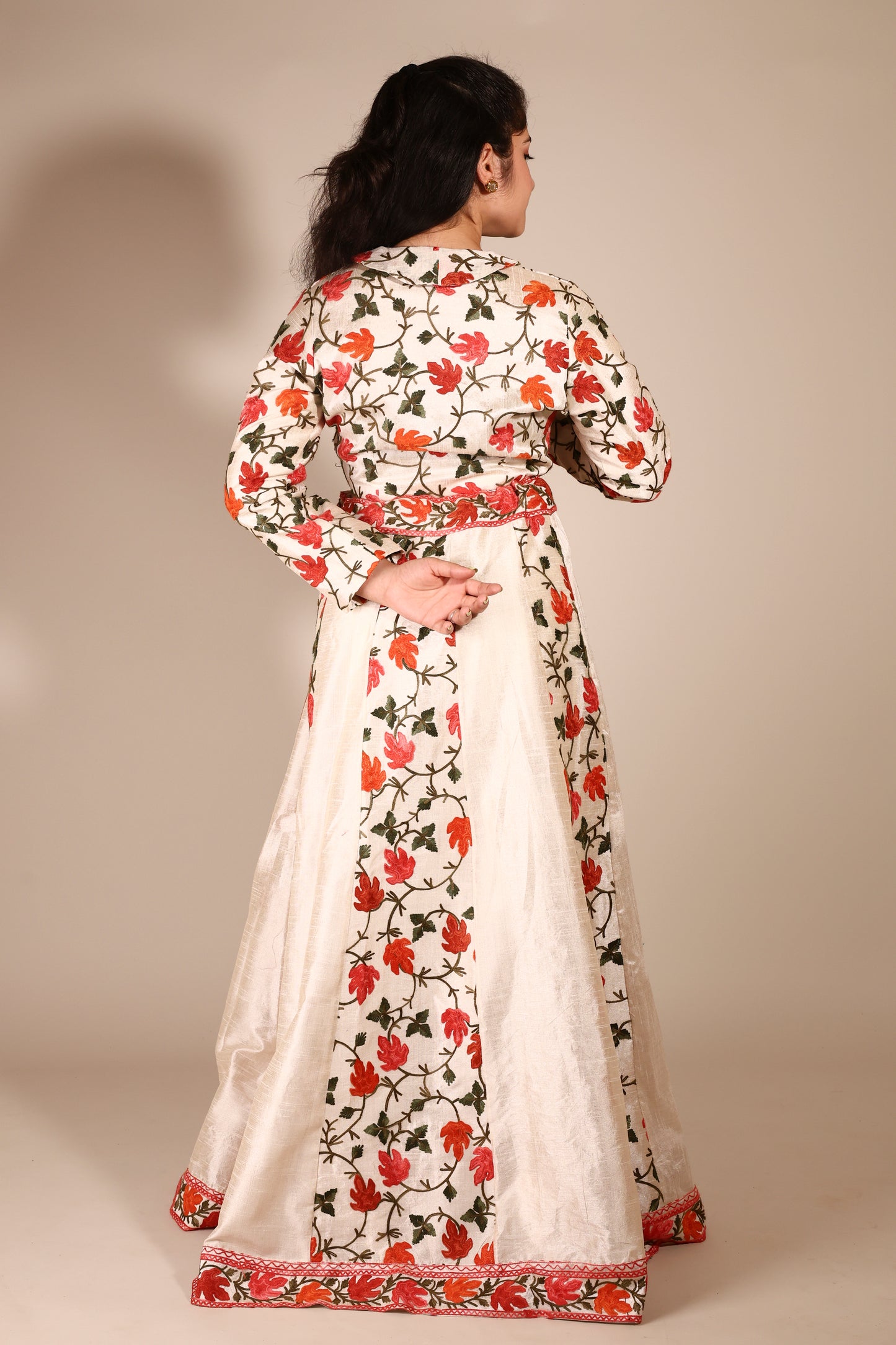 Cream Kashmiri Aari Work Panel Skirt with Jacket Style Crop Top