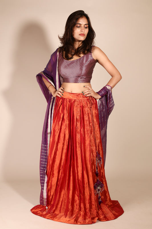 Rusty Orange Chanderi Tissue Lehenga with Handmade Tassels