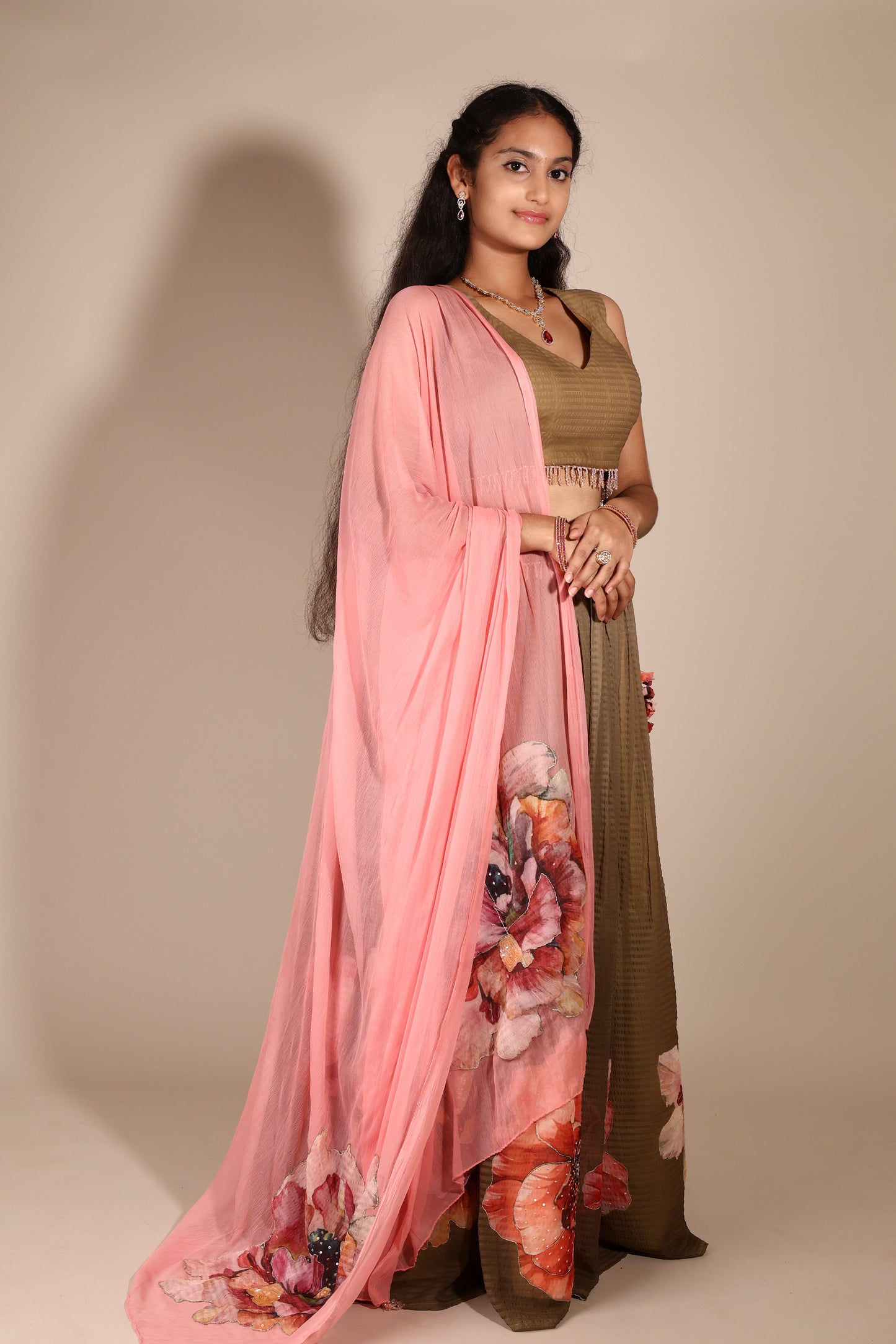 Floral Printed Crop Top and Skirt with Zari and Sequins