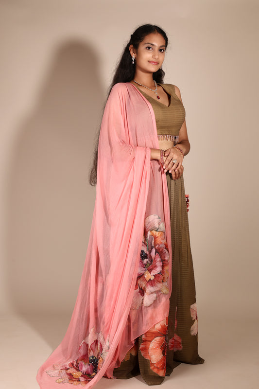 Floral Printed Crop Top and Skirt with Zari and Sequins