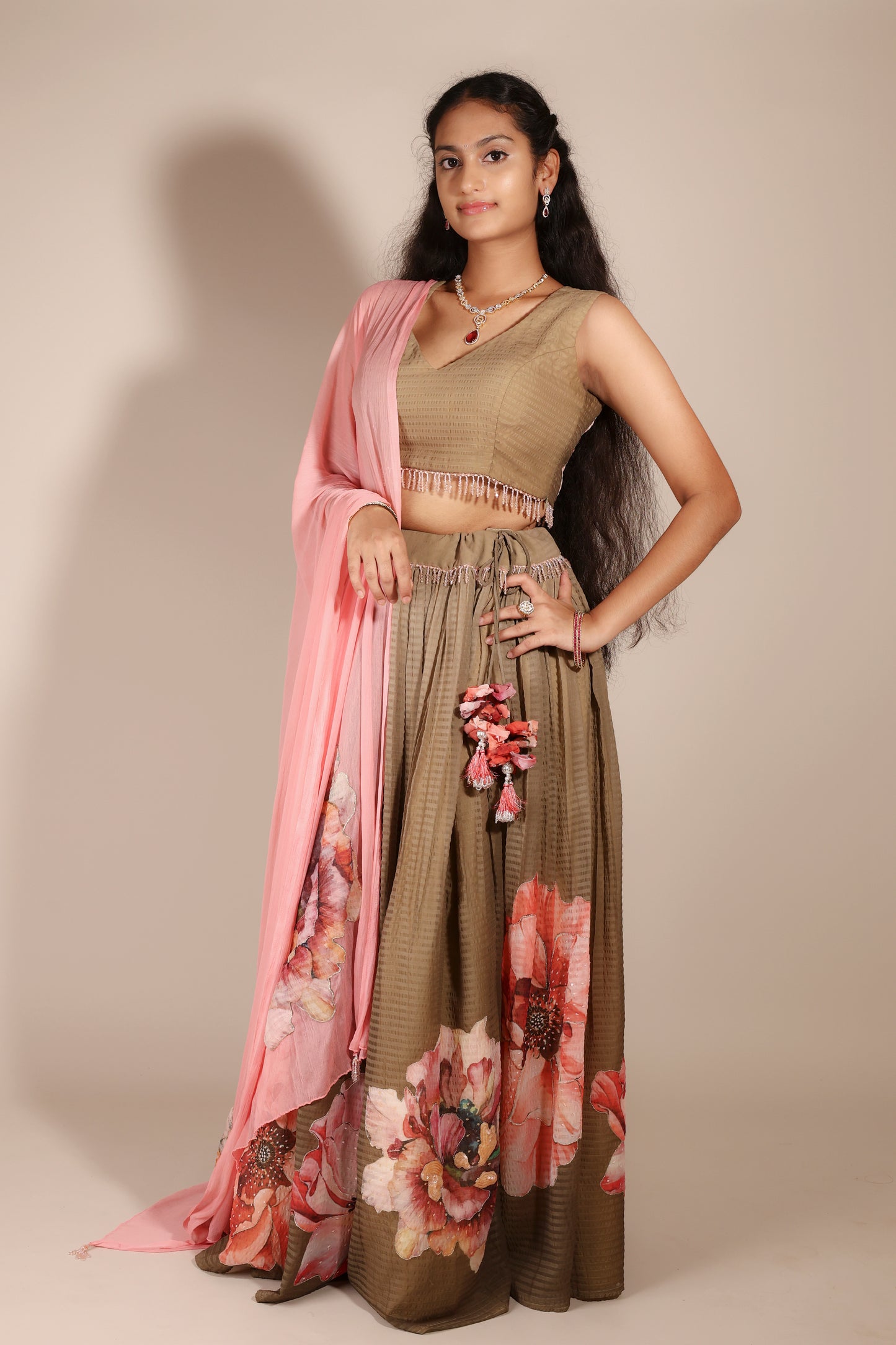 Floral Printed Crop Top and Skirt with Zari and Sequins