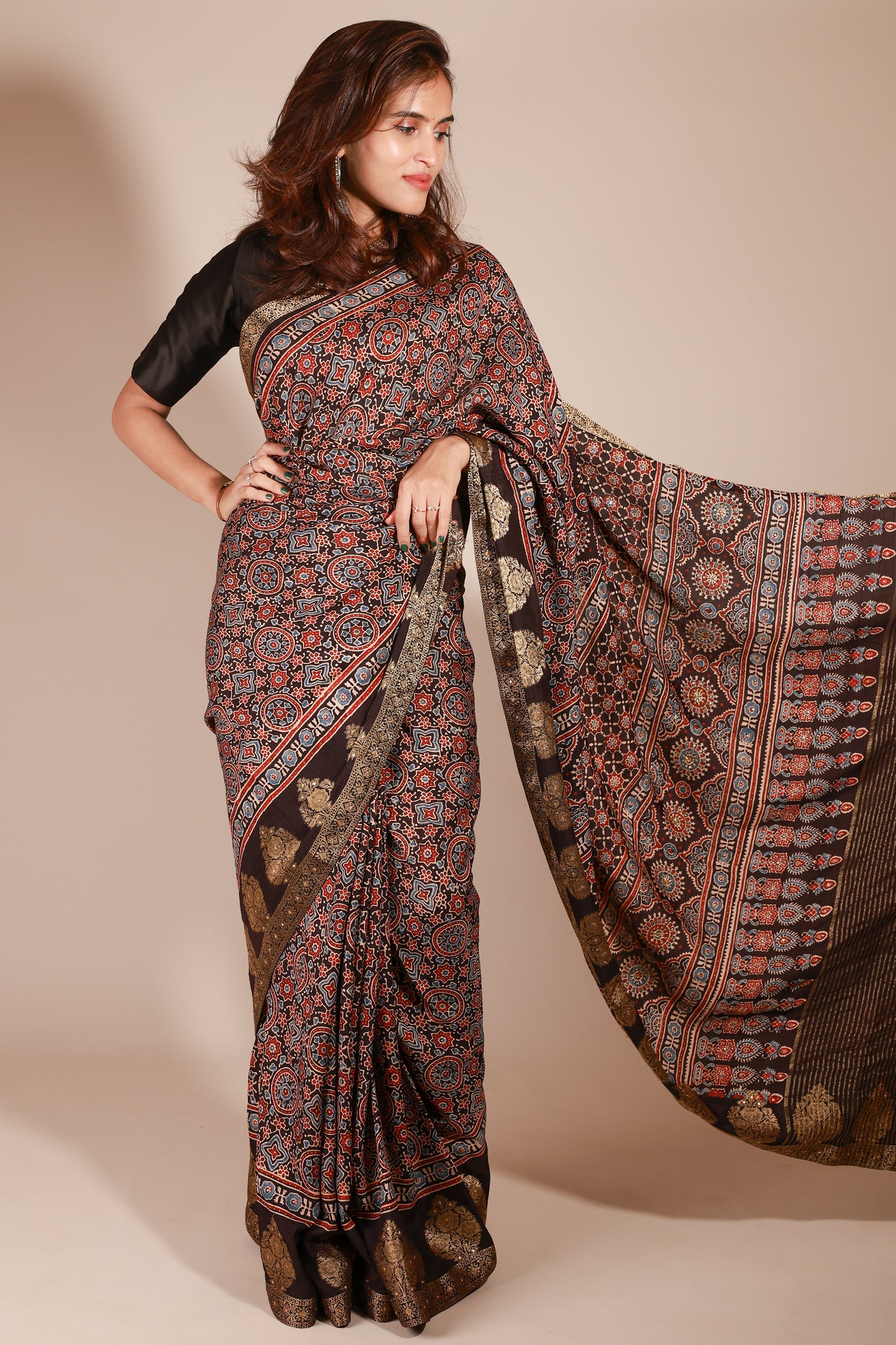 Black Modal Silk Saree with Ajrakh Floral Print