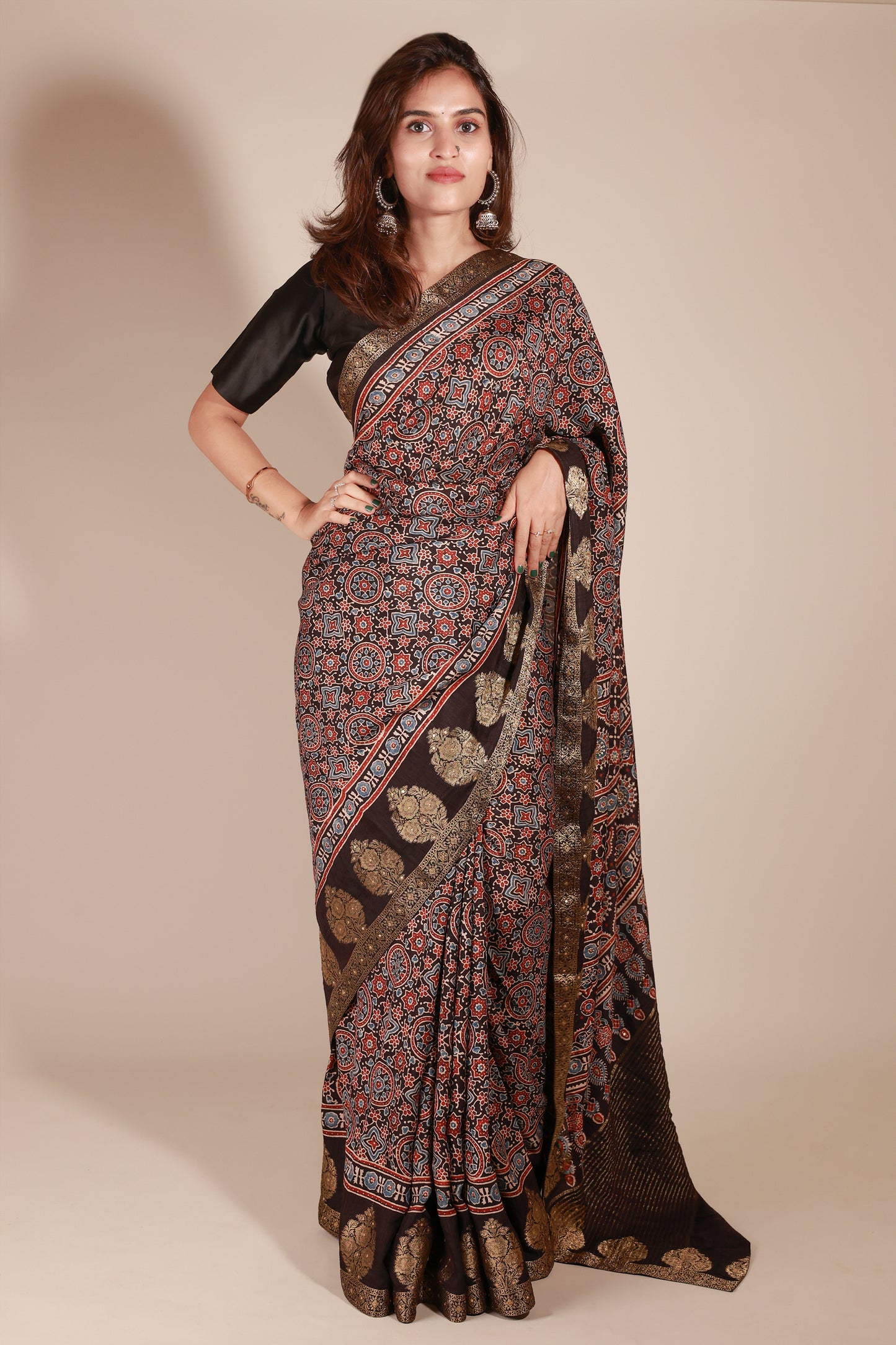 Black Modal Silk Saree with Ajrakh Floral Print