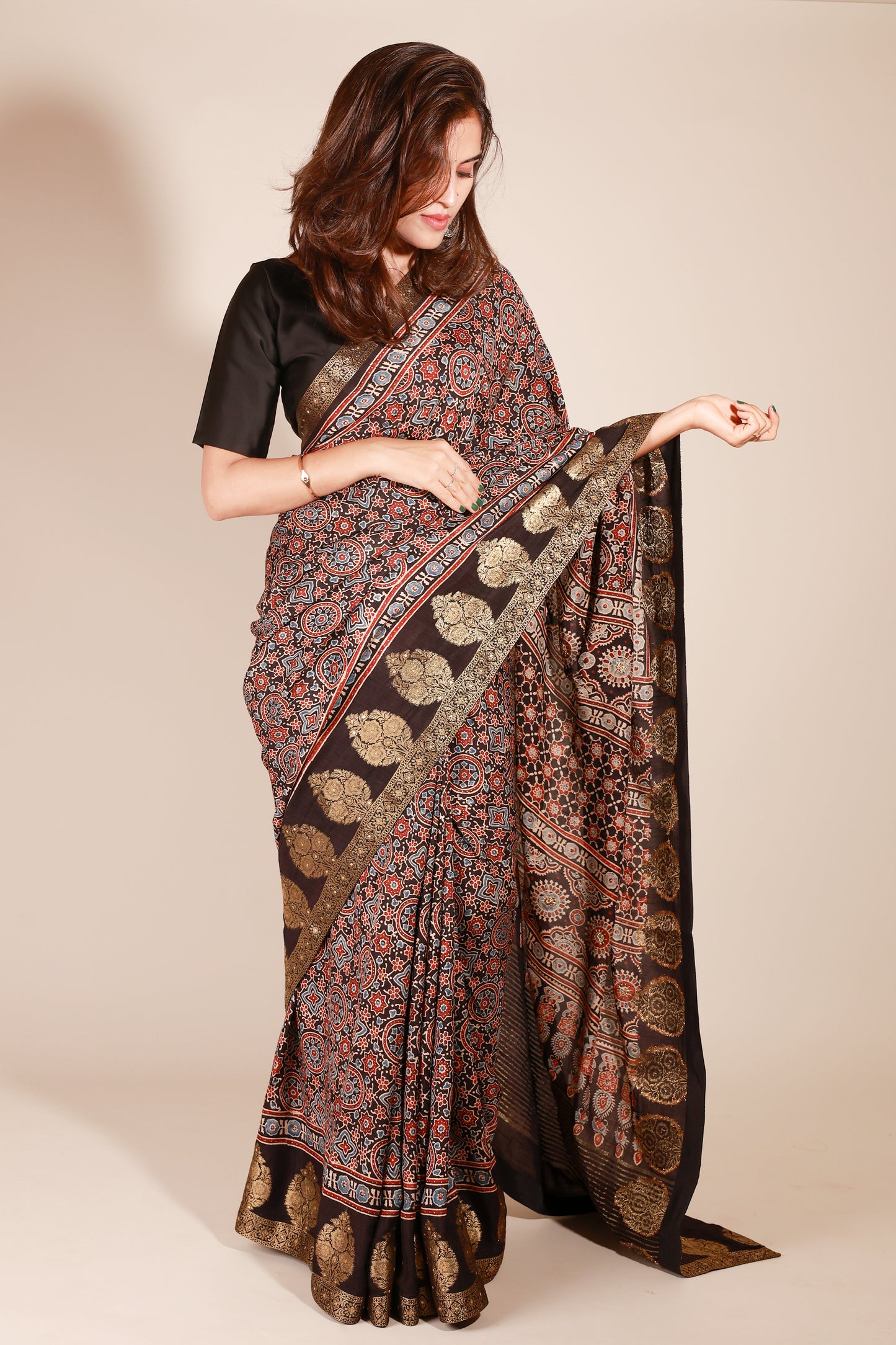 Black Modal Silk Saree with Ajrakh Floral Print