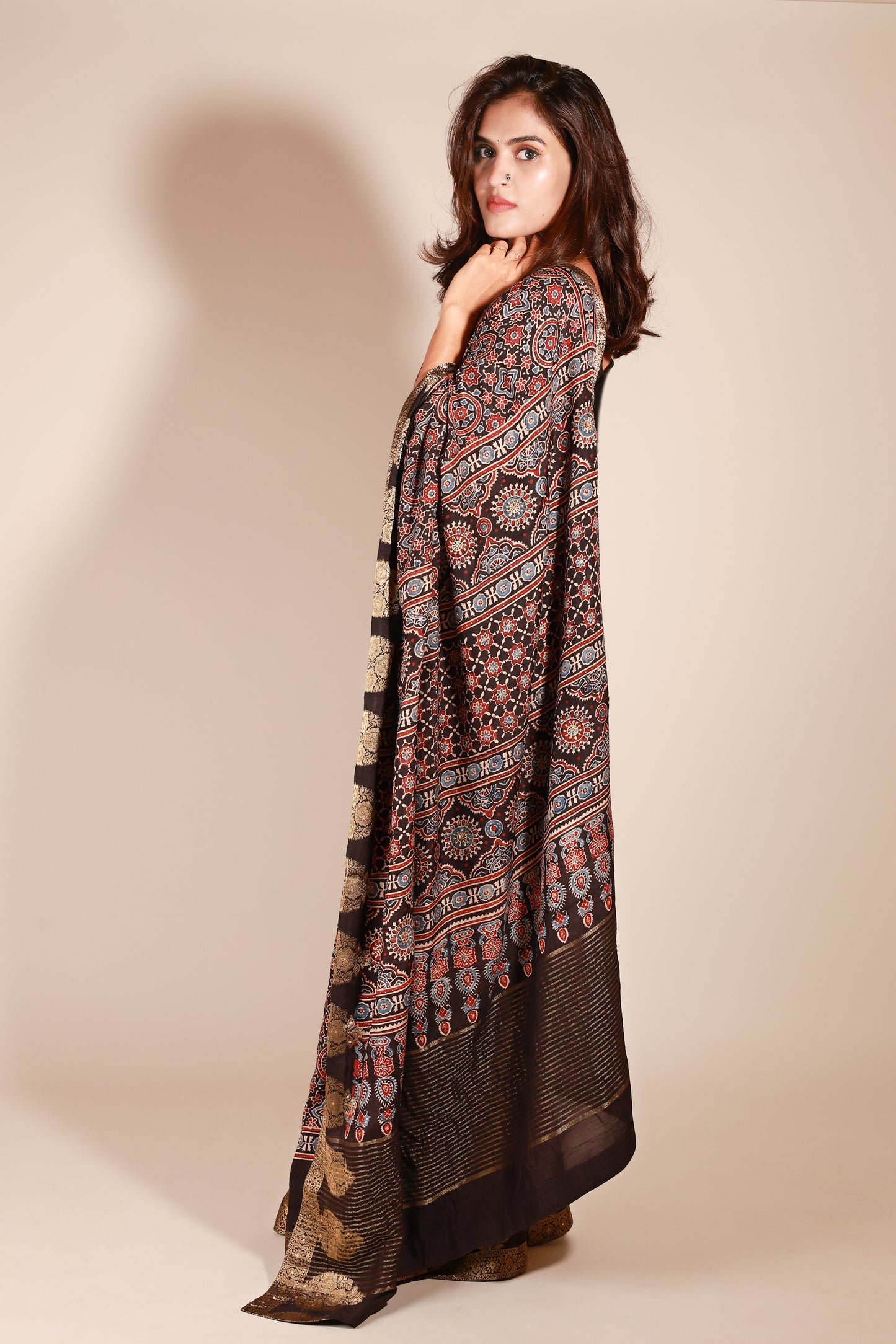 Black Modal Silk Saree with Ajrakh Floral Print