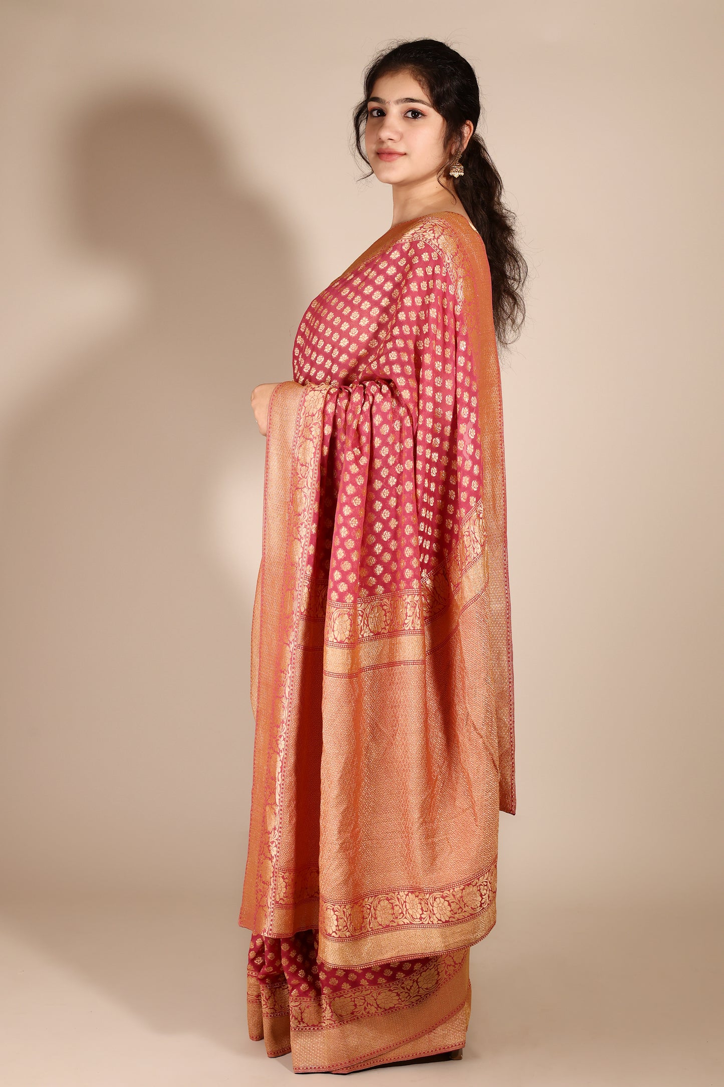 Exquisite Dusty Pink Khaddi Georgette Banarasi Saree with Floral Buttis