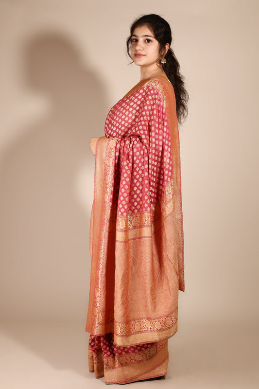 Exquisite Dusty Pink Khaddi Georgette Banarasi Saree with Floral Buttis