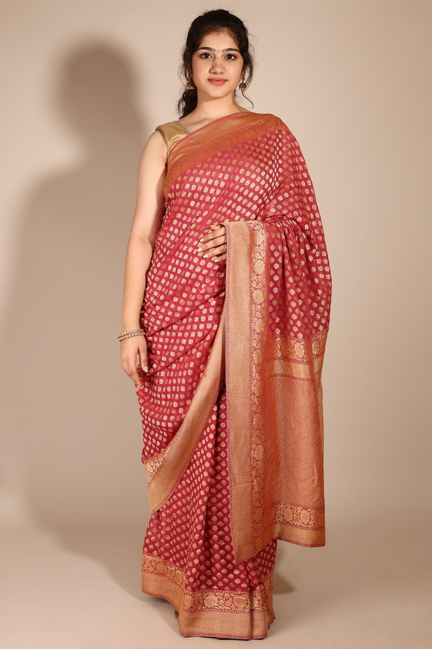 Exquisite Dusty Pink Khaddi Georgette Banarasi Saree with Floral Buttis