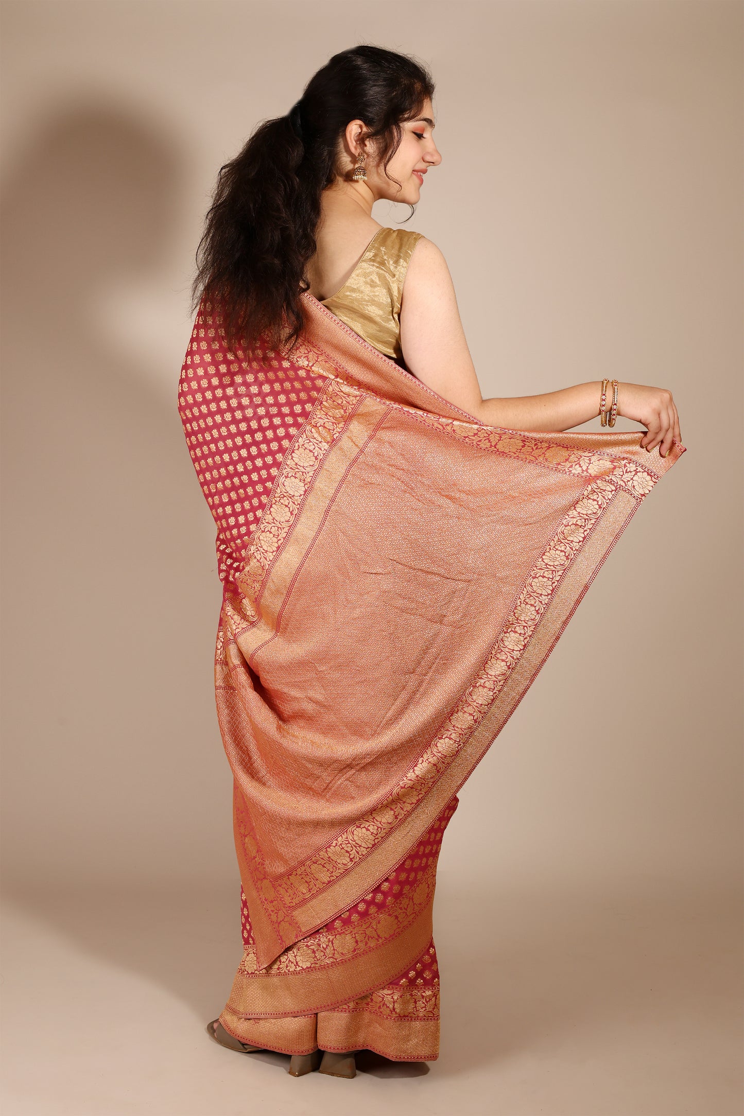 Exquisite Dusty Pink Khaddi Georgette Banarasi Saree with Floral Buttis
