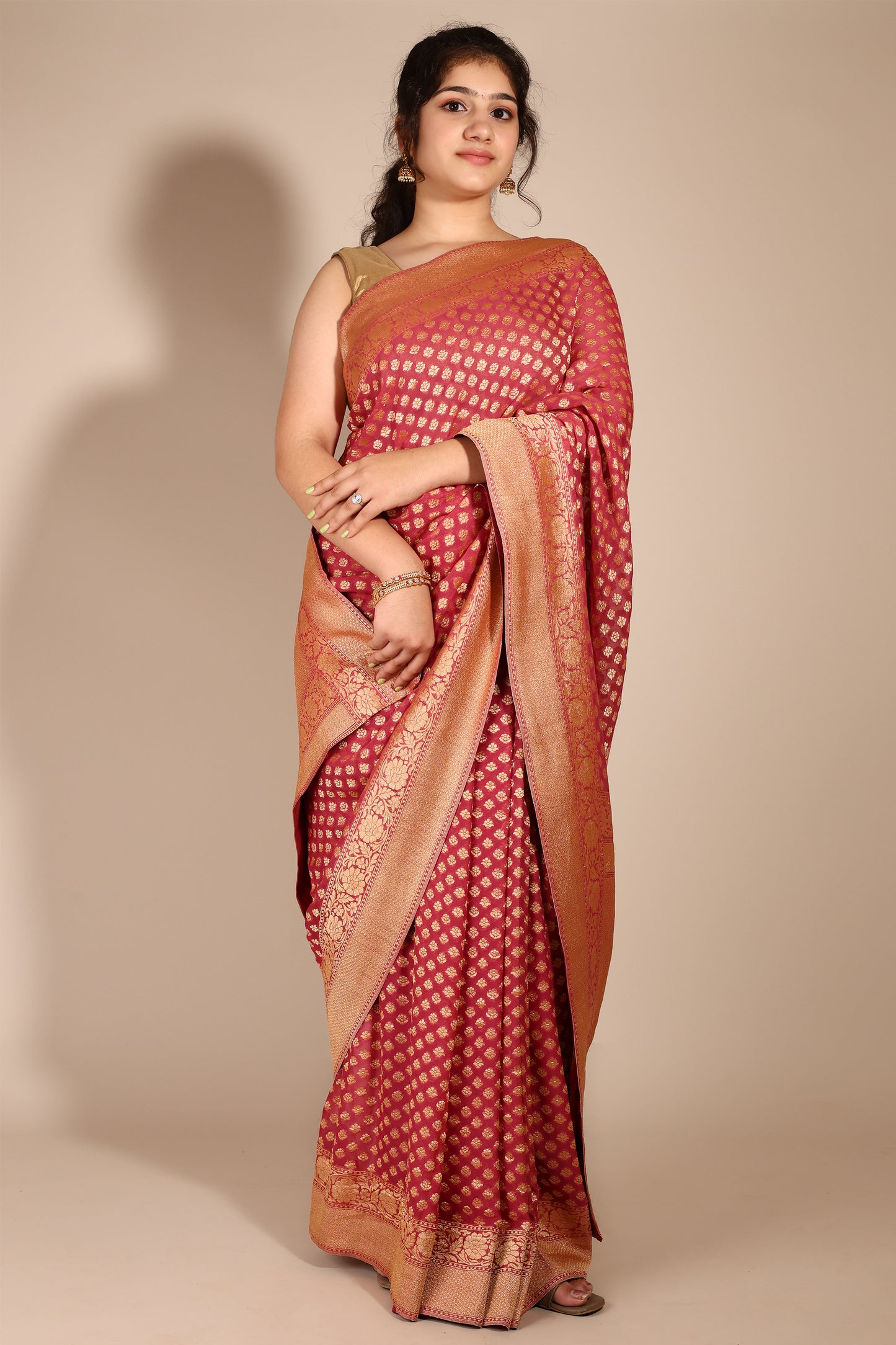Exquisite Dusty Pink Khaddi Georgette Banarasi Saree with Floral Buttis