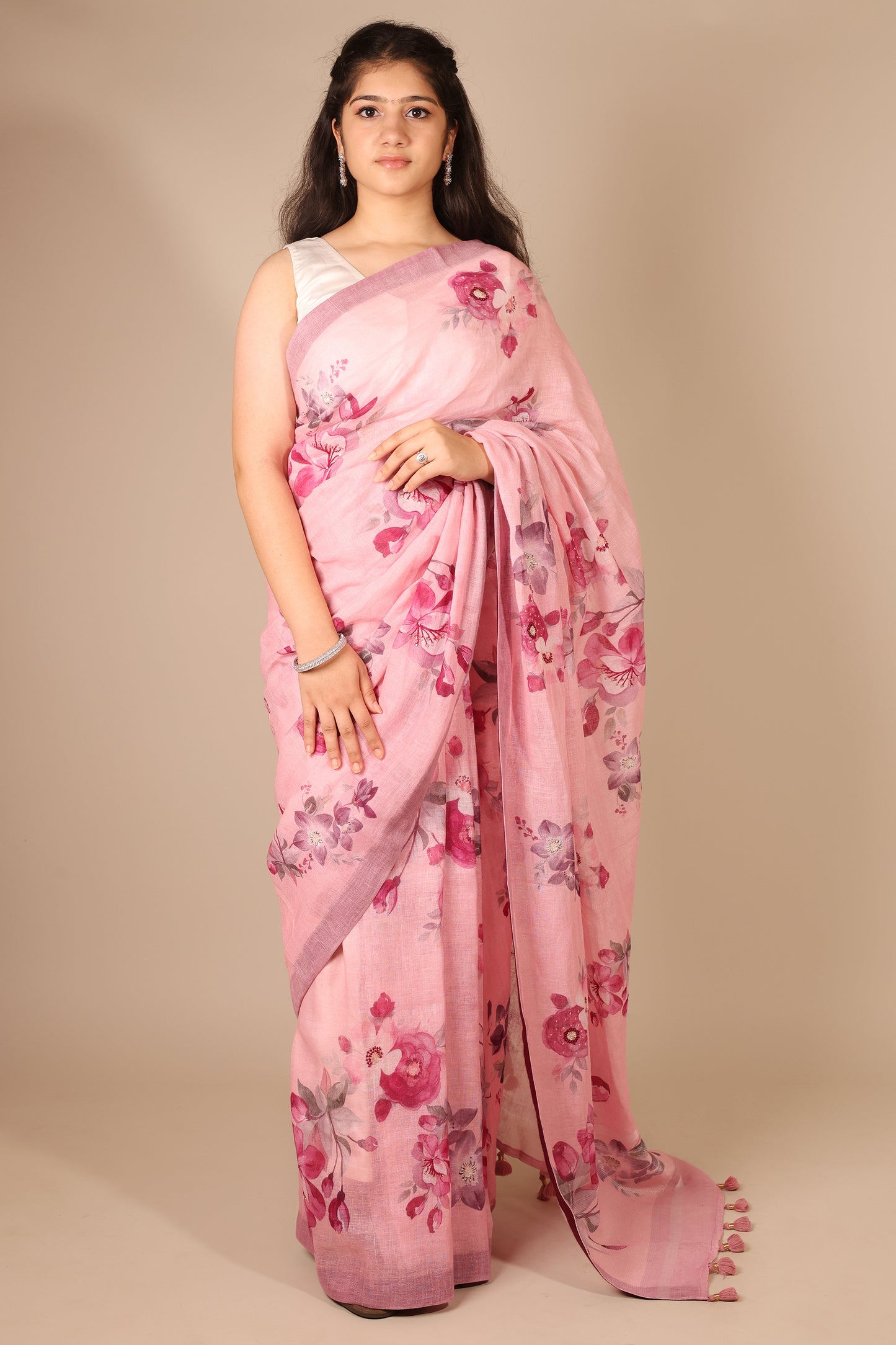 Elegant Pink Pure Linen Saree with Handcrafted Flower Print and Beadwork