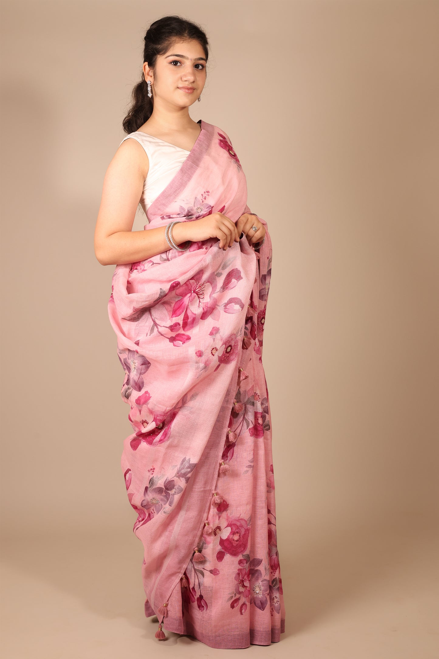 Elegant Pink Pure Linen Saree with Handcrafted Flower Print and Beadwork