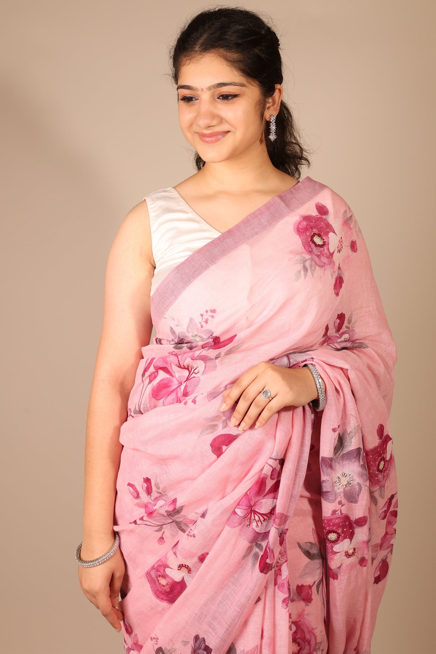 Elegant Pink Pure Linen Saree with Handcrafted Flower Print and Beadwork