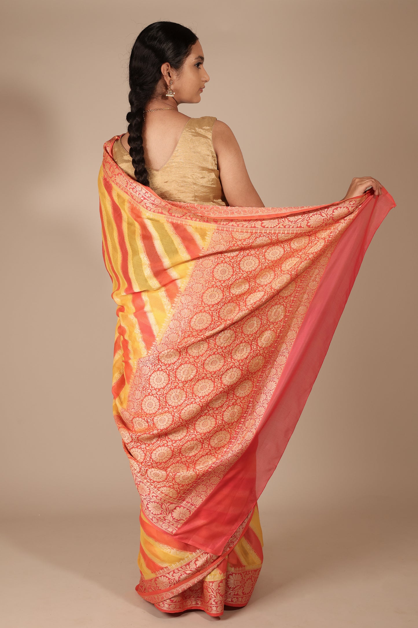 Vibrant Yellow and Coral Banarasi Crepe Georgette Saree with Diagonal Stripes