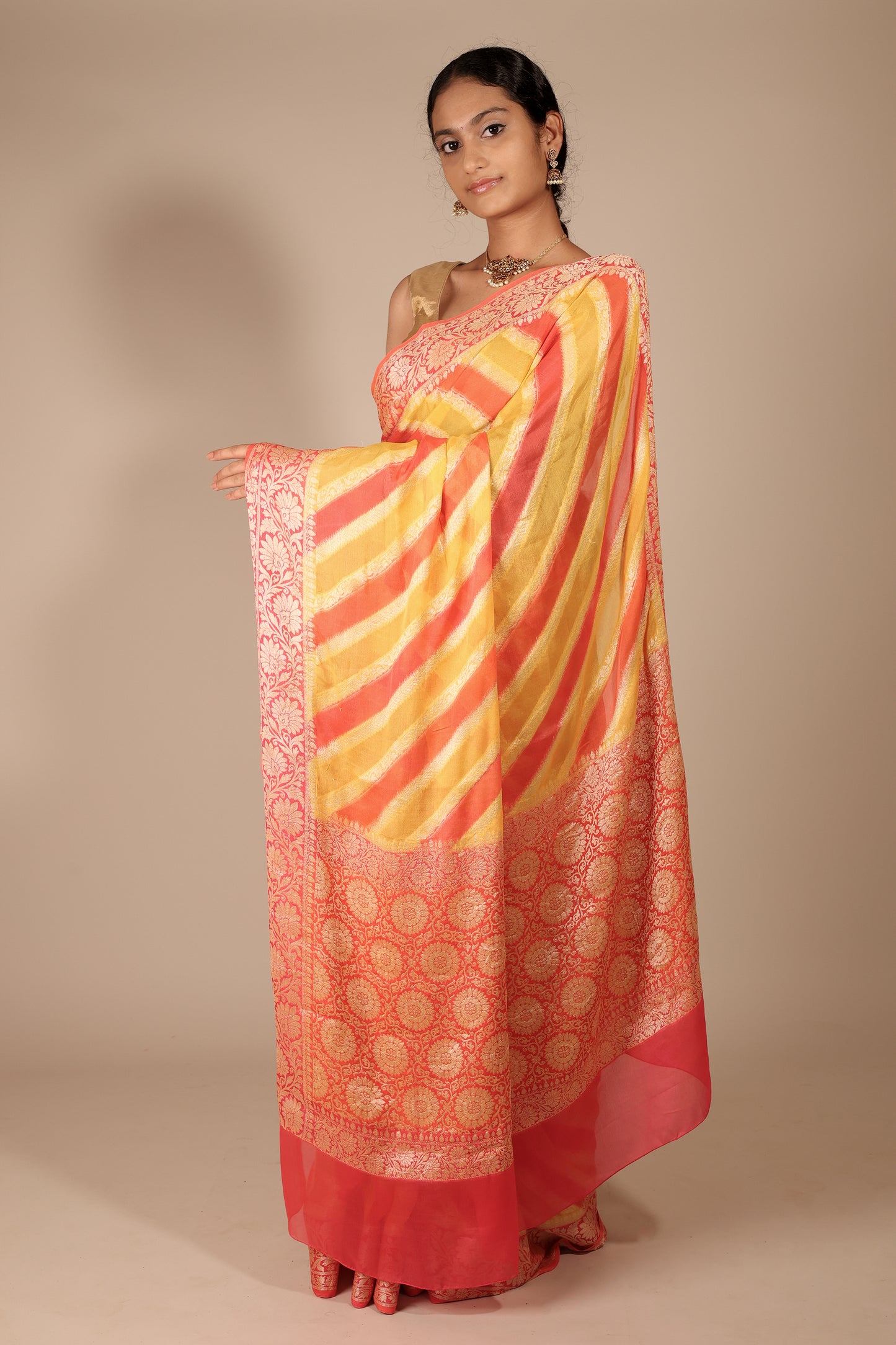 Vibrant Yellow and Coral Banarasi Crepe Georgette Saree with Diagonal Stripes