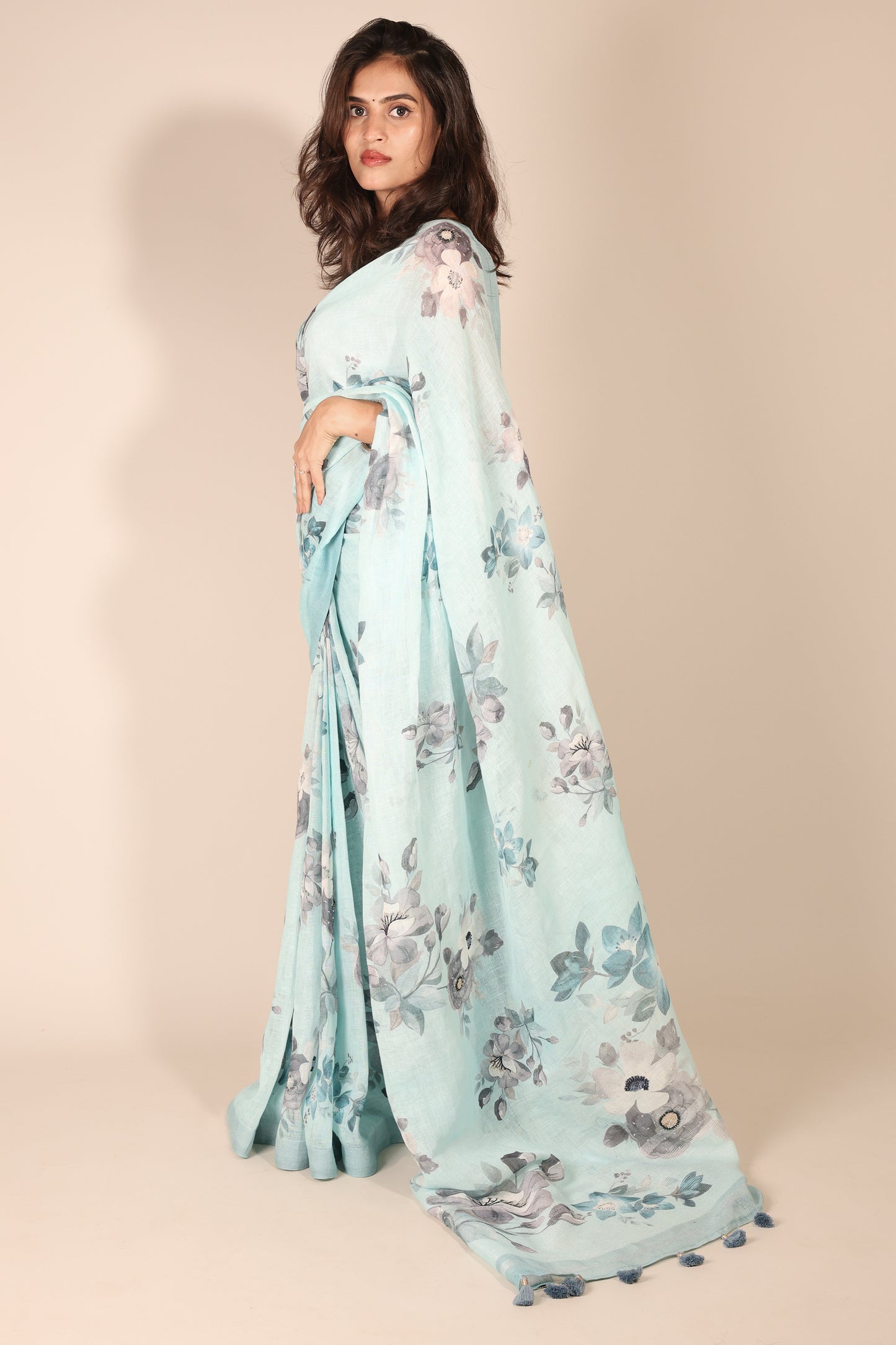 Light Blue Pure Linen Saree with Floral Print and Hand Embellishments