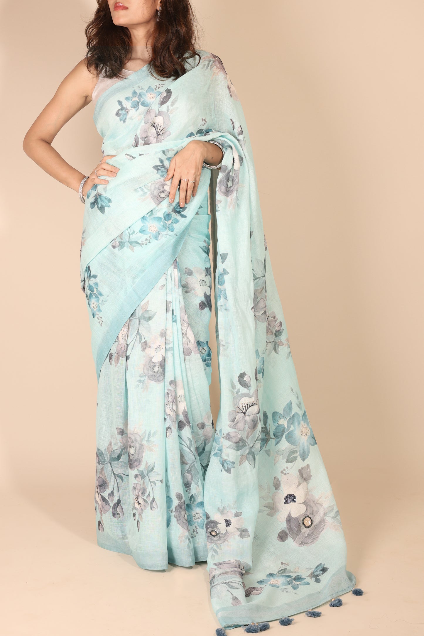 Light Blue Pure Linen Saree with Floral Print and Hand Embellishments