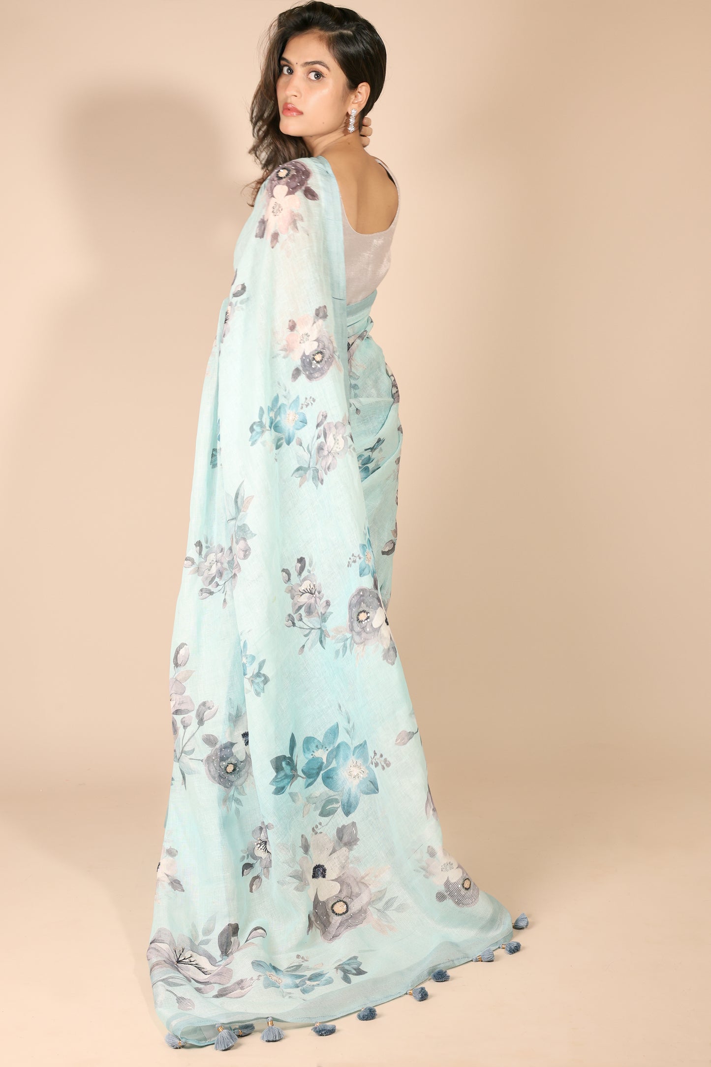 Light Blue Pure Linen Saree with Floral Print and Hand Embellishments