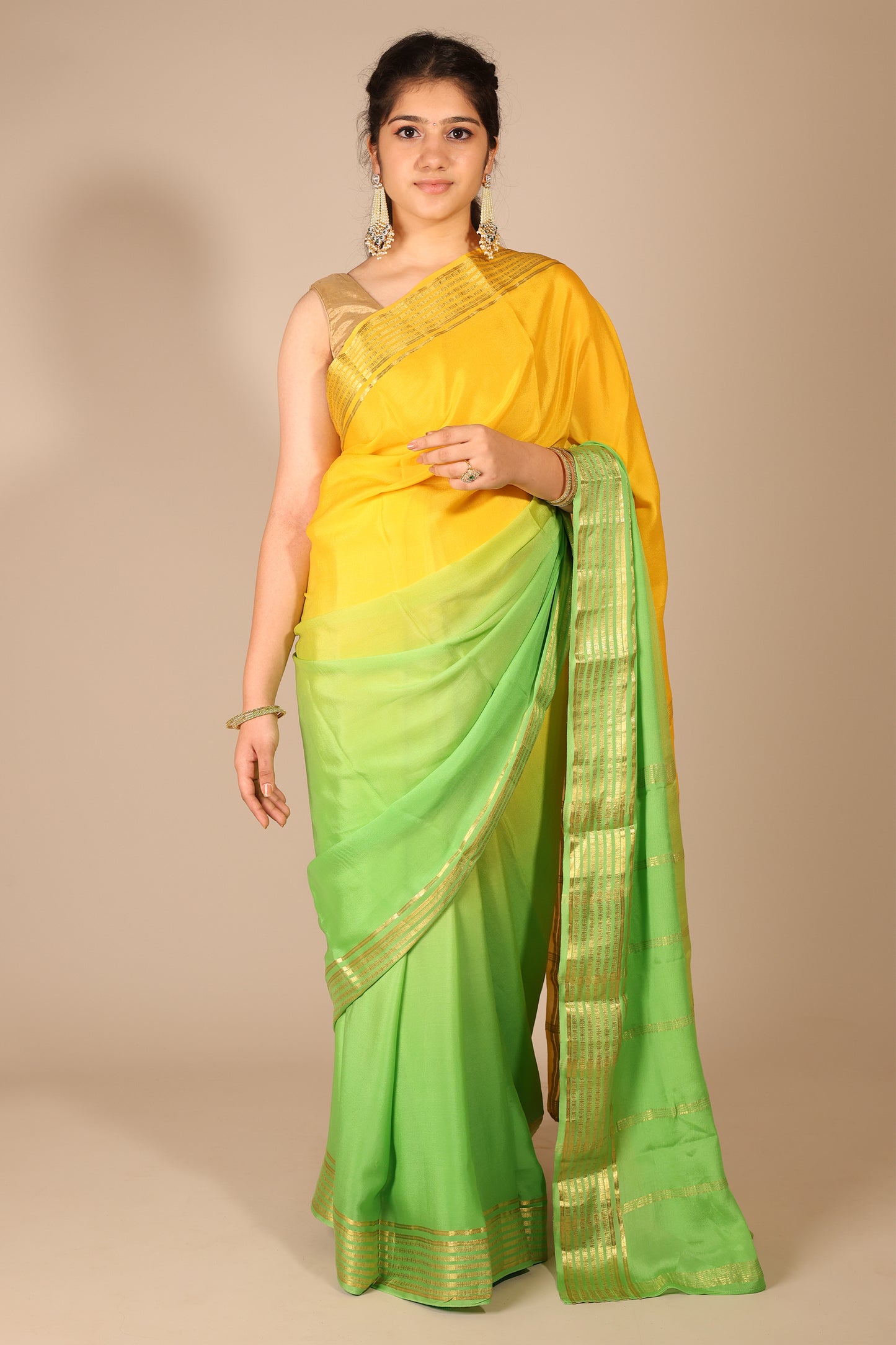 Ombre Yellow and Green Mysore Silk Saree with Gold Border