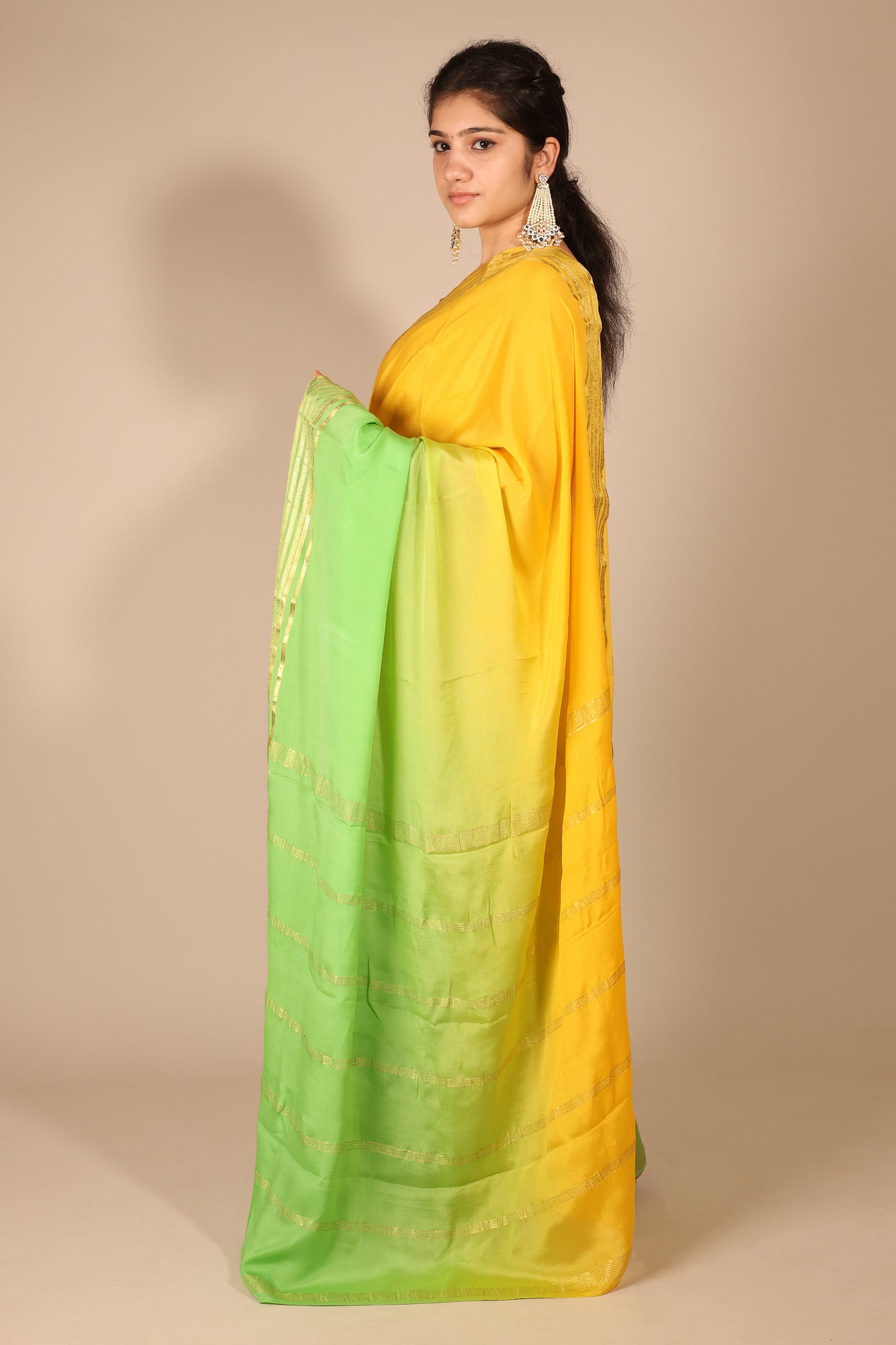 Ombre Yellow and Green Mysore Silk Saree with Gold Border