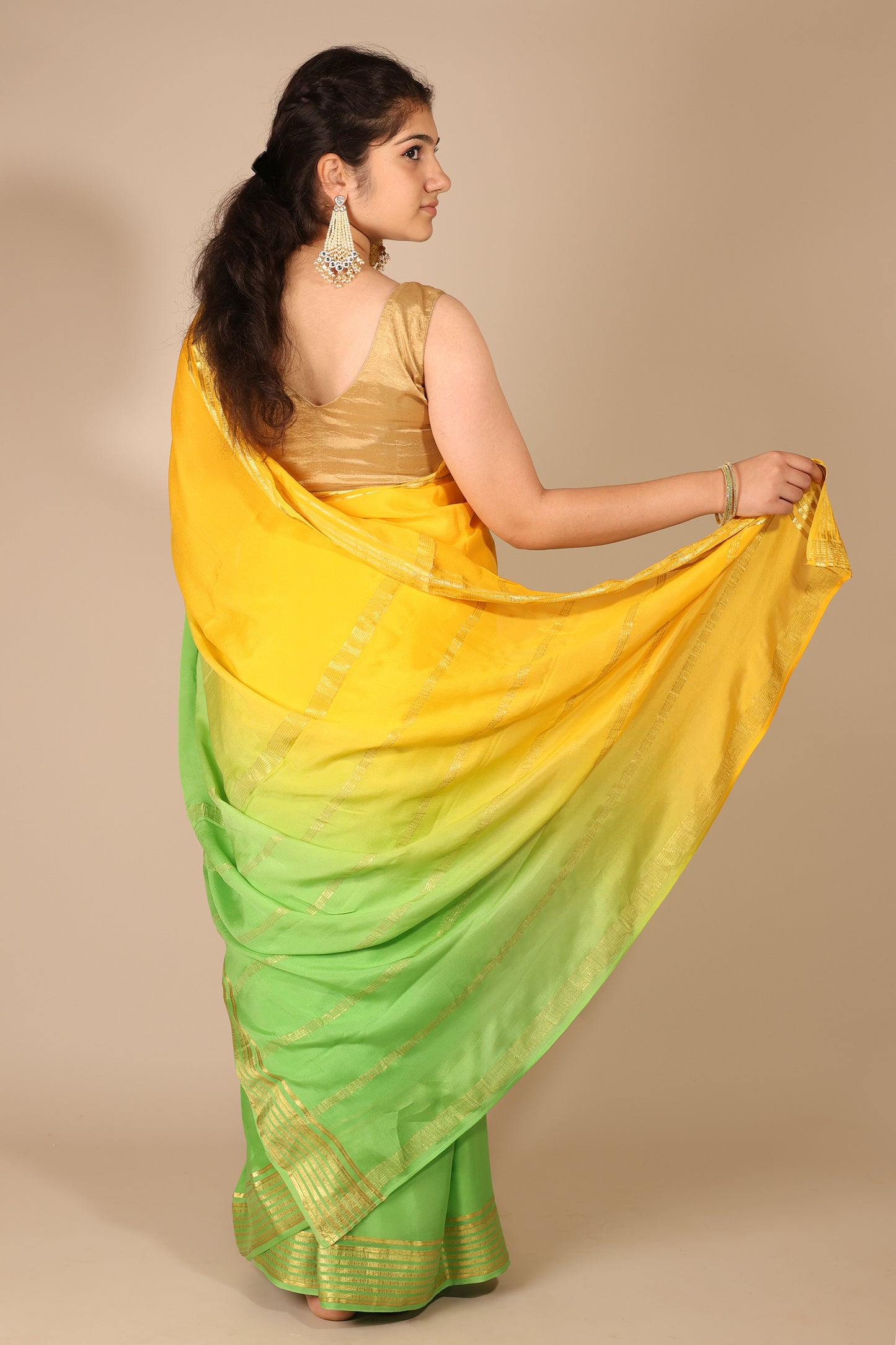 Ombre Yellow and Green Mysore Silk Saree with Gold Border